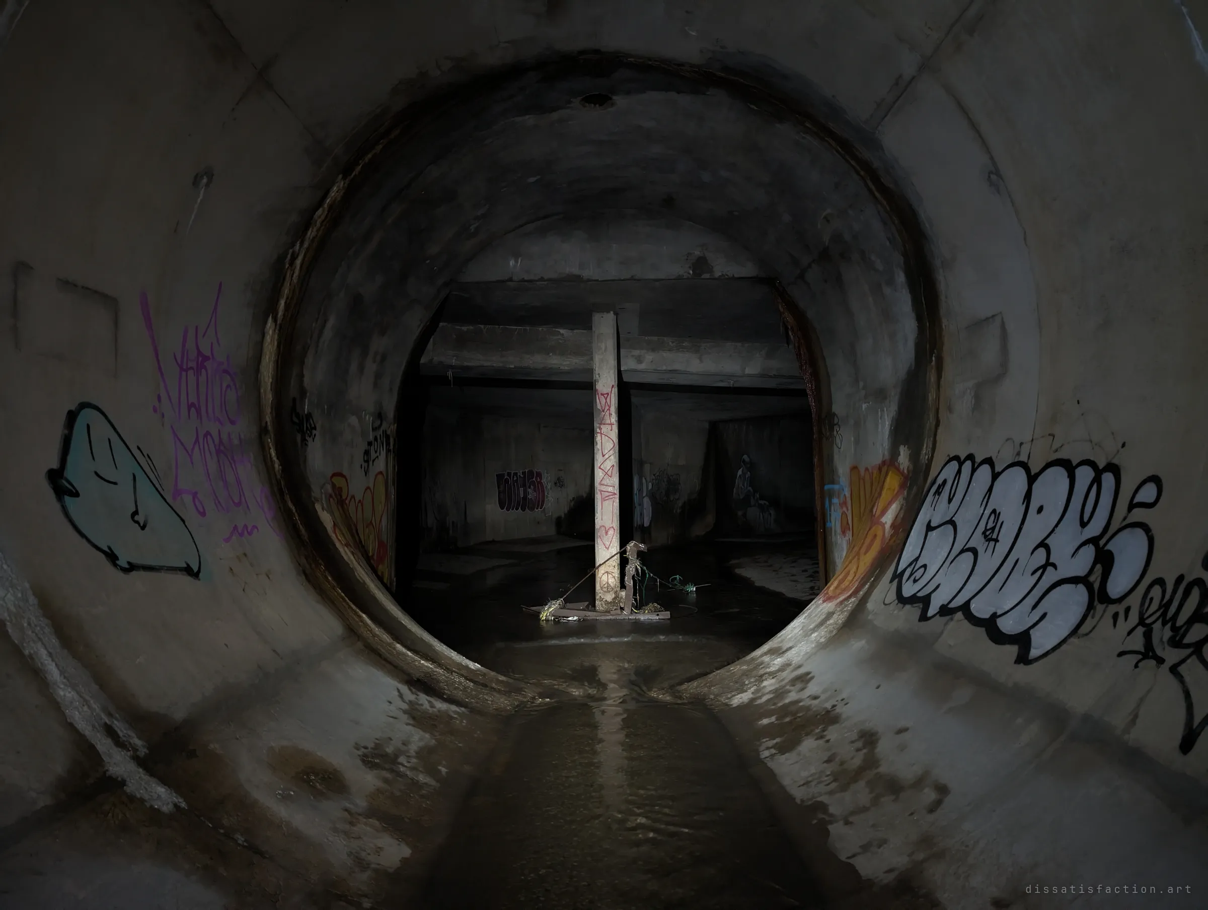 Framed by the mouth of a round pipe, the tagged column and debris of the main chamber stand in the torchlight beyond, a shallow channel leading straight toward them.