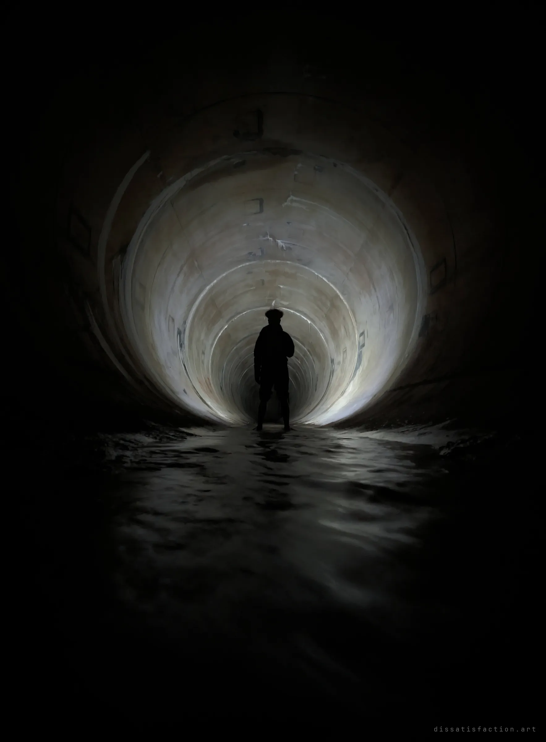 A lone silhouette stands in shallow water at the centre of a torch-lit circular pipe, surrounded by darkness. The glowing ring of concrete frames the figure and shows the scale of the tunnel.