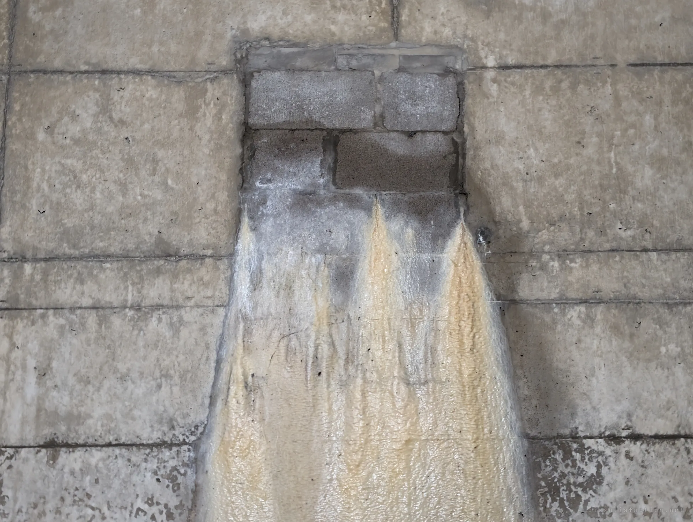 A bricked-up opening in a concrete wall weeps pale mineral deposits that fan out down the surface like wax. It is a slow record of water seeping through the blocks.