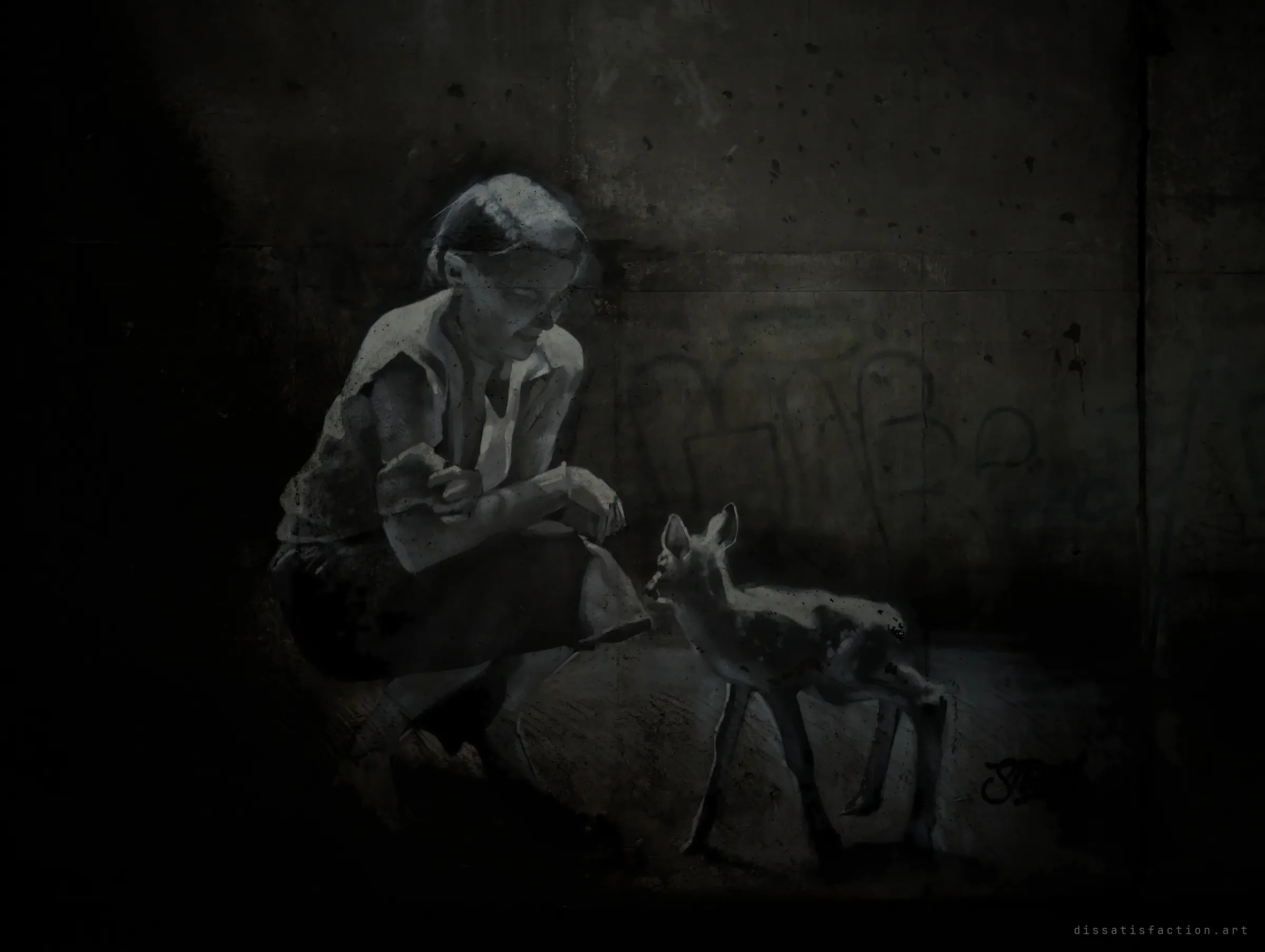 A monochrome mural on a dark concrete wall shows a crouching figure reaching toward a young fawn. A quiet, unexpected piece of art hidden underground.