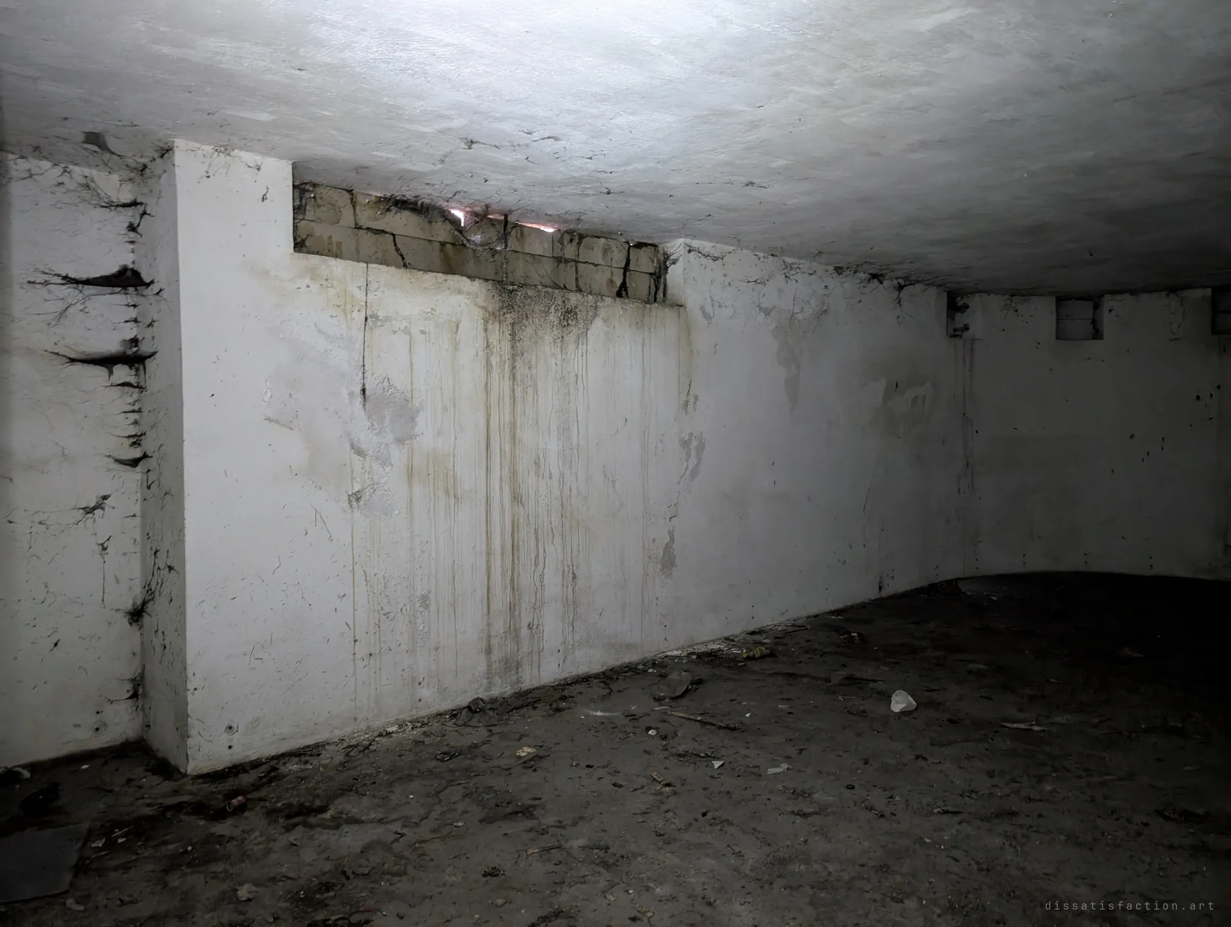 A bare basement wall streaked with rust-coloured water stains beneath a slit of daylight at ceiling level. Cobwebs and grime mark years of seepage.