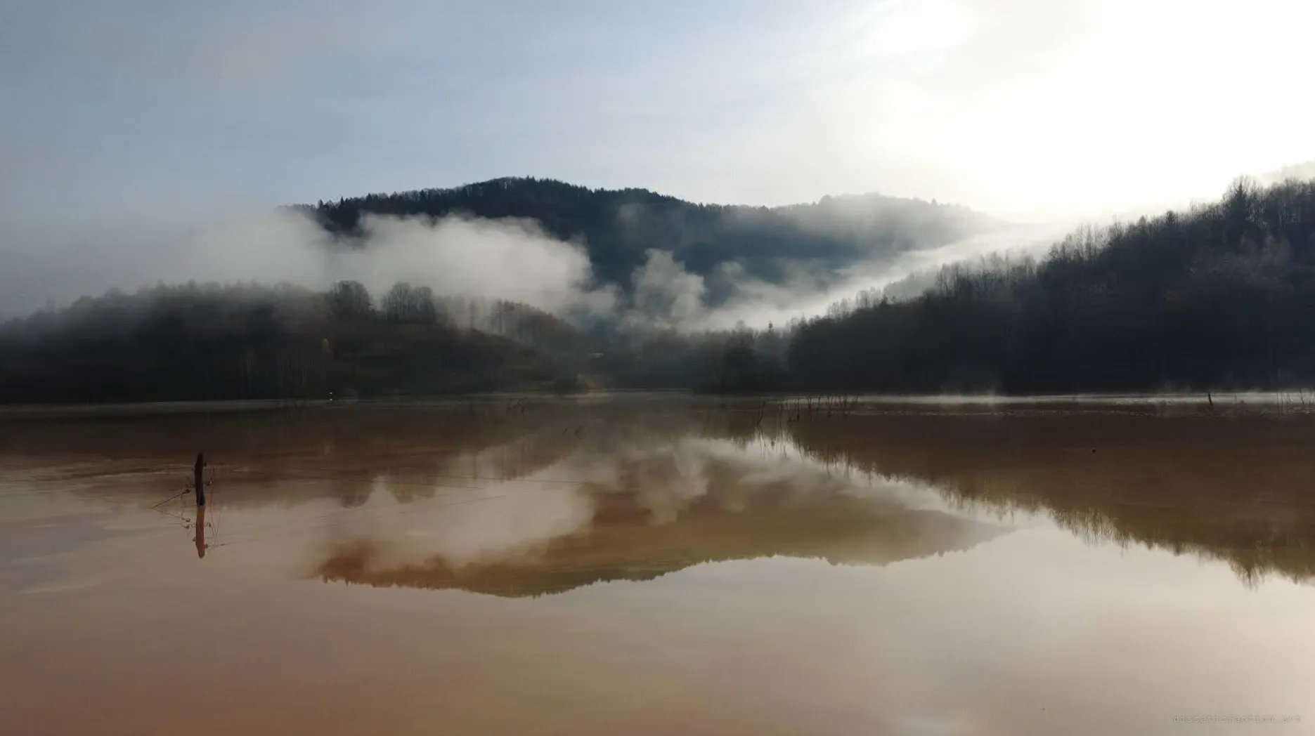 Mist rolls off forested hills and mirrors in a still, rust-brown lake, a lone fence post and wire poking through the surface.