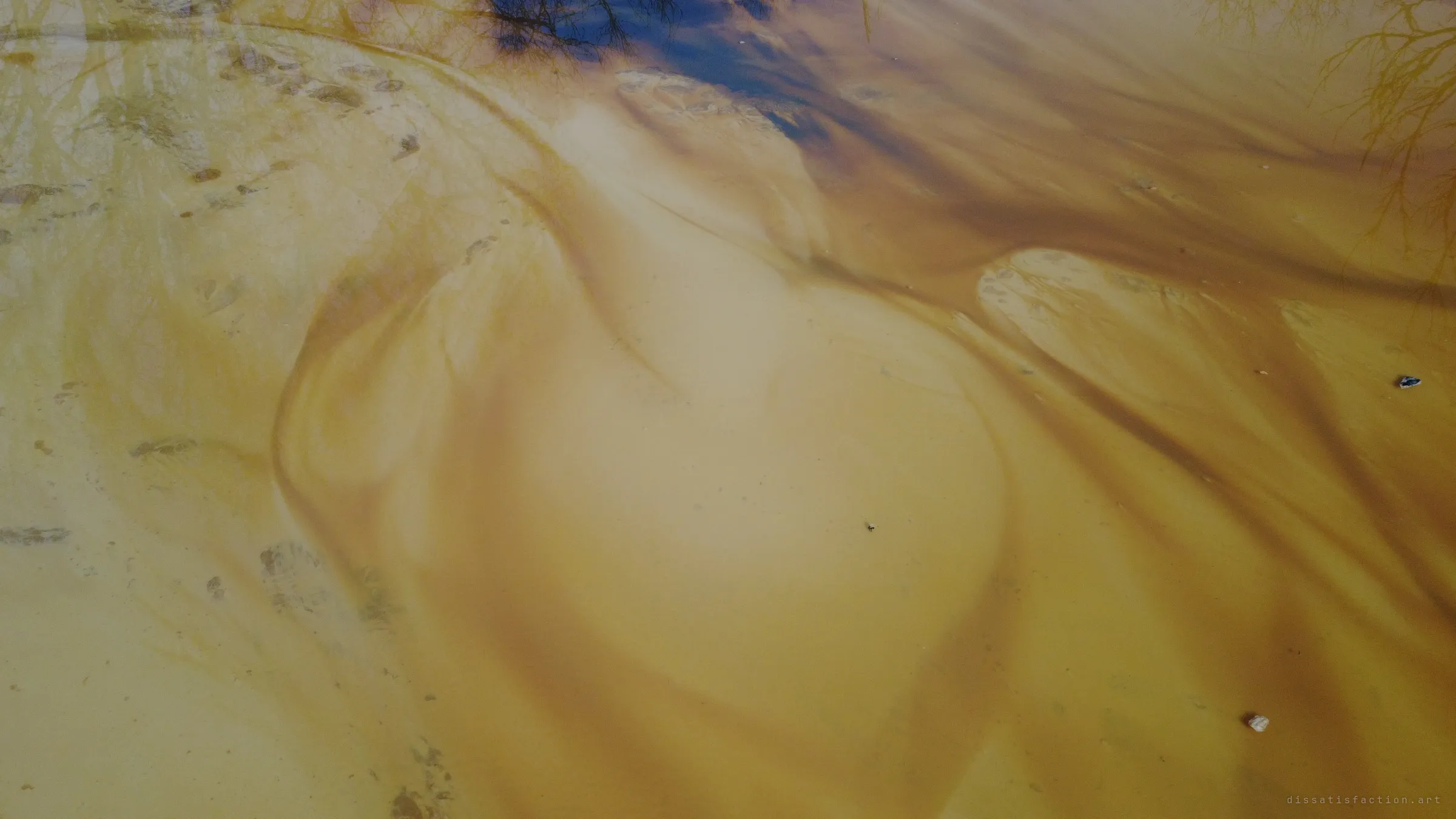 Close over the surface, ochre sludge swirls in soft ridges while bare branches and blue sky reflect at the top edge.