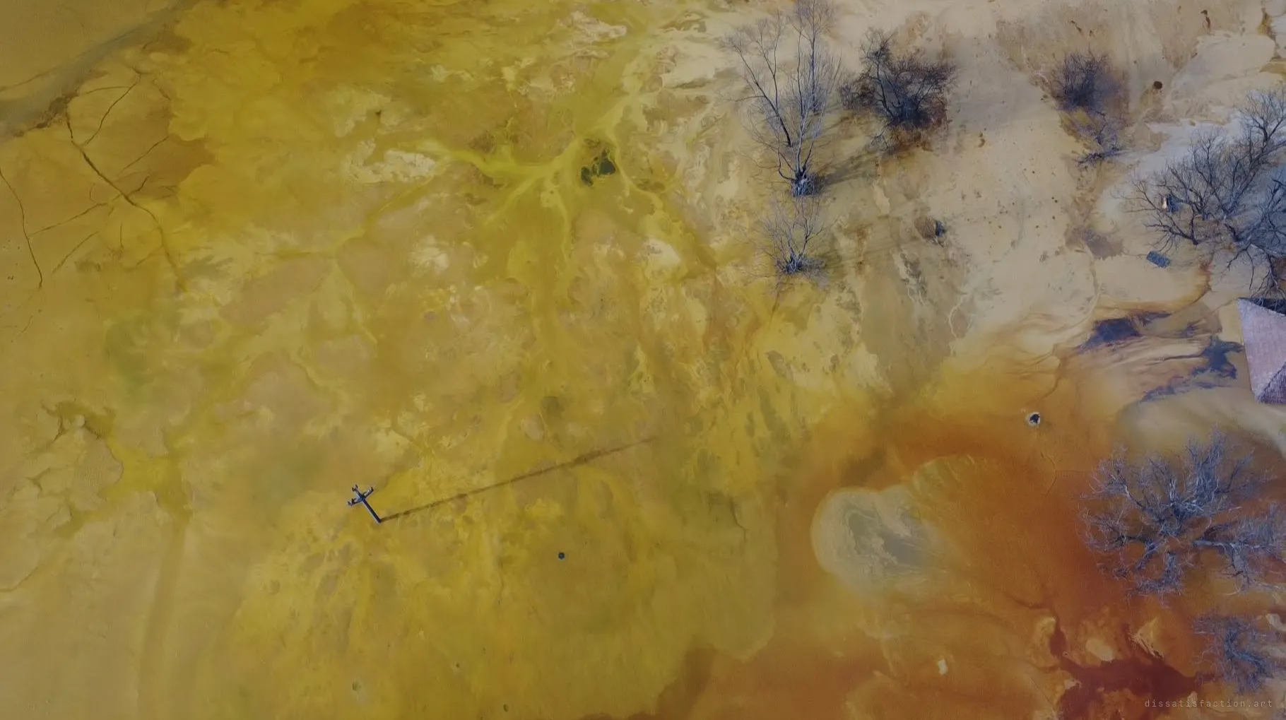 Top-down over the tailings: a power pole throws a long shadow across yellow sludge veined like a river delta, bare trees and a sunken roof at the right edge.