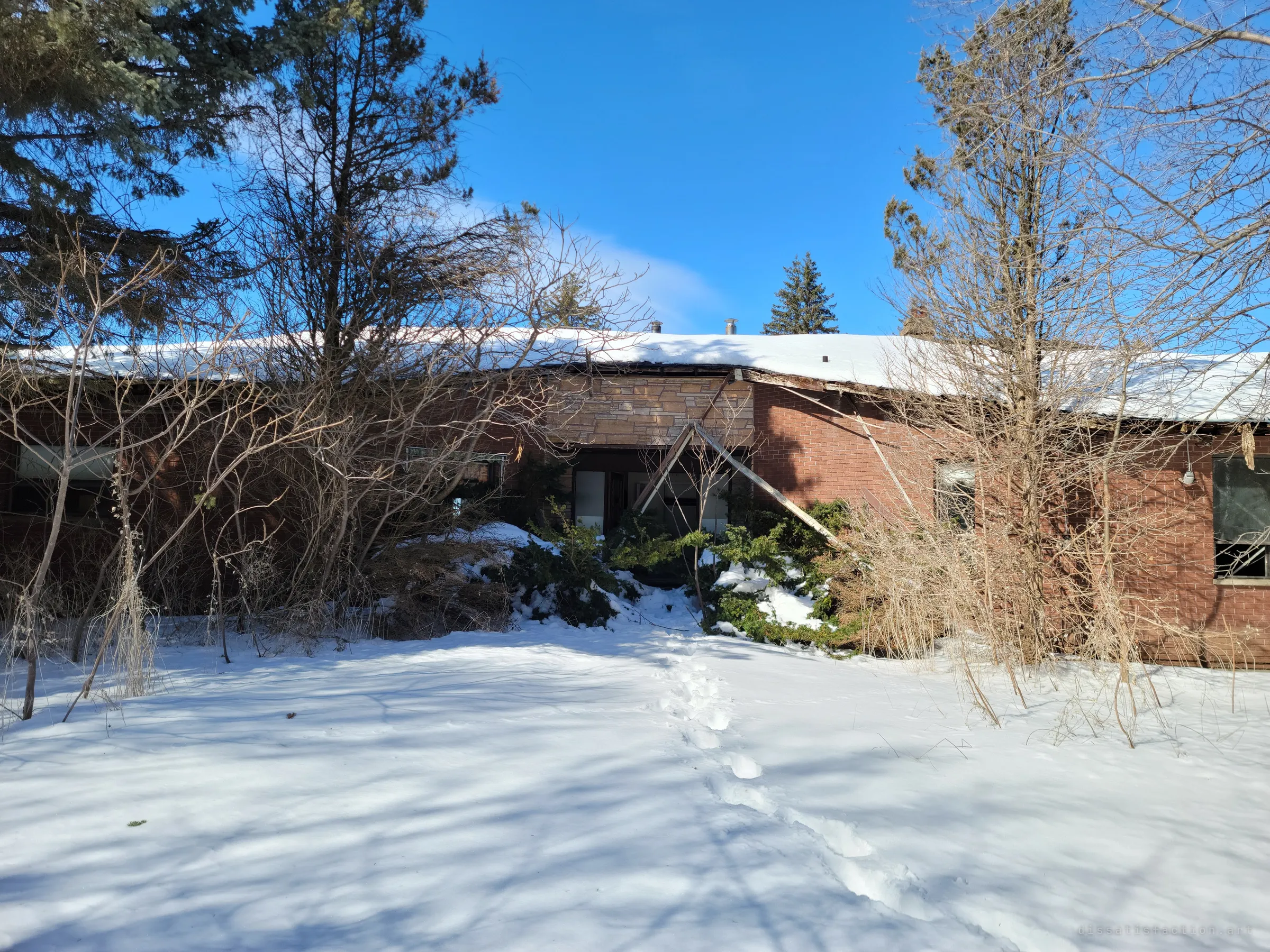 The front entrance, its stone-faced porch and sagging roofline buried in overgrown shrubs, with a single trail of footprints running up to the door. The collapsing eave hints at the damage inside.