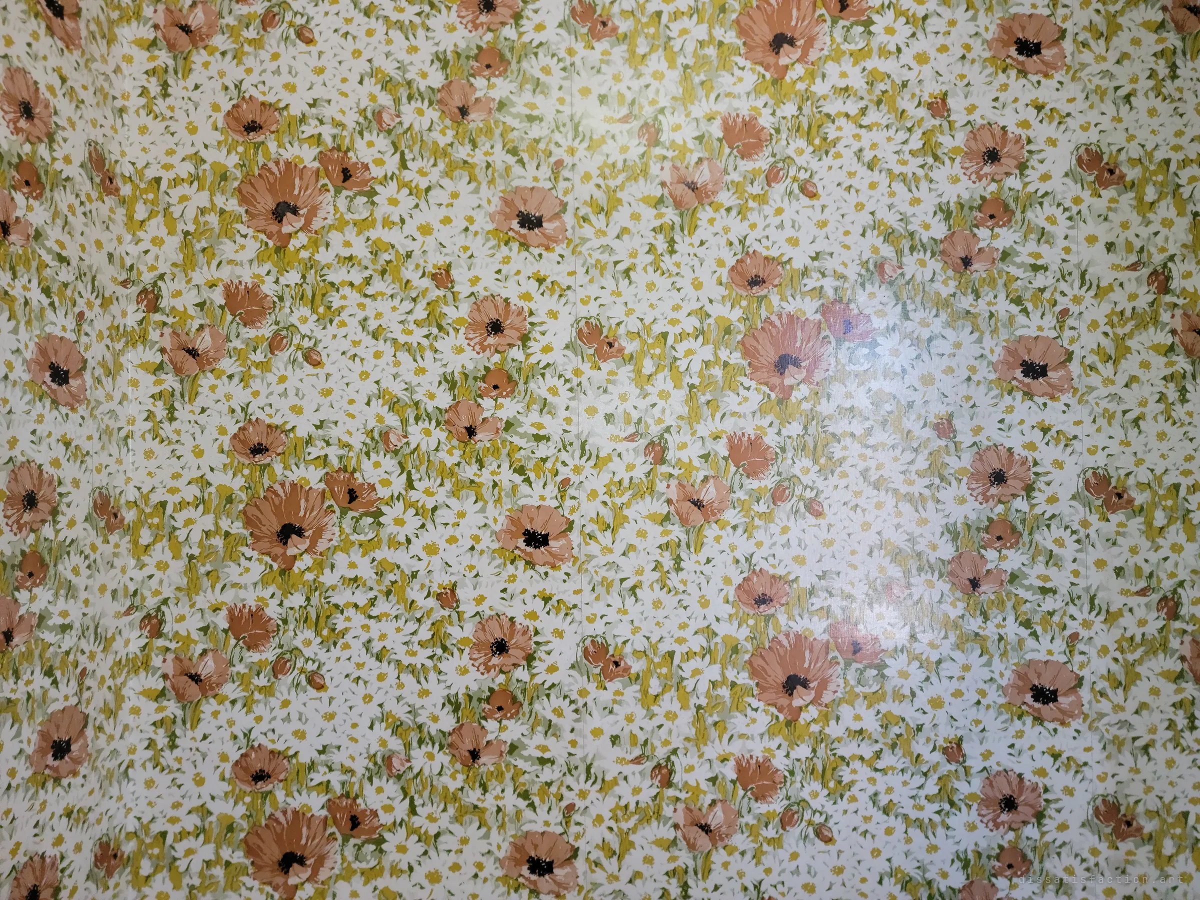 Close-up of vintage wallpaper printed with orange poppies in a field of daisies, glossy under the light.