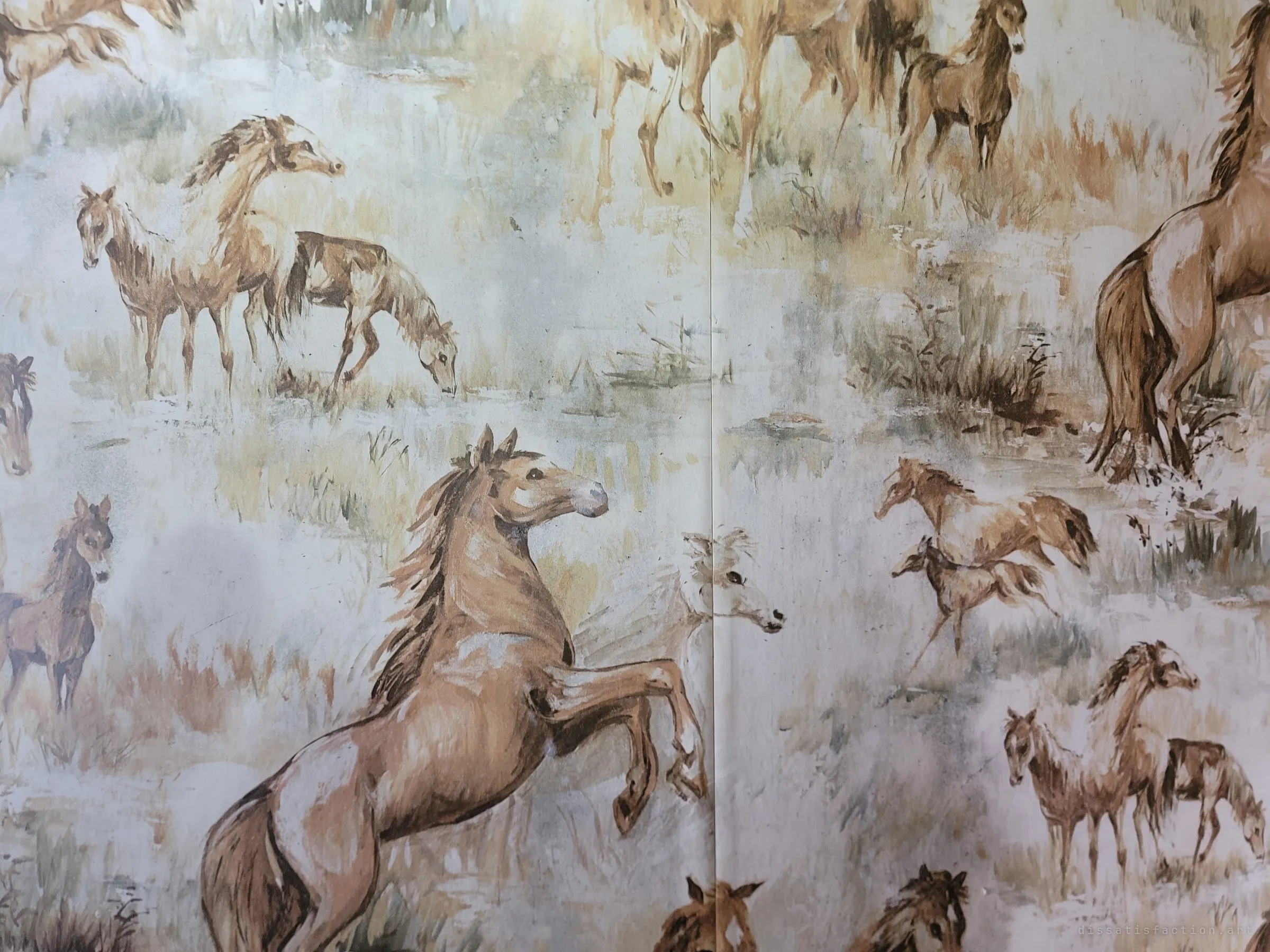 Faded wallpaper painted with herds of wild horses rearing and grazing, split by a seam down the middle. A domestic touch left behind long after the house emptied.