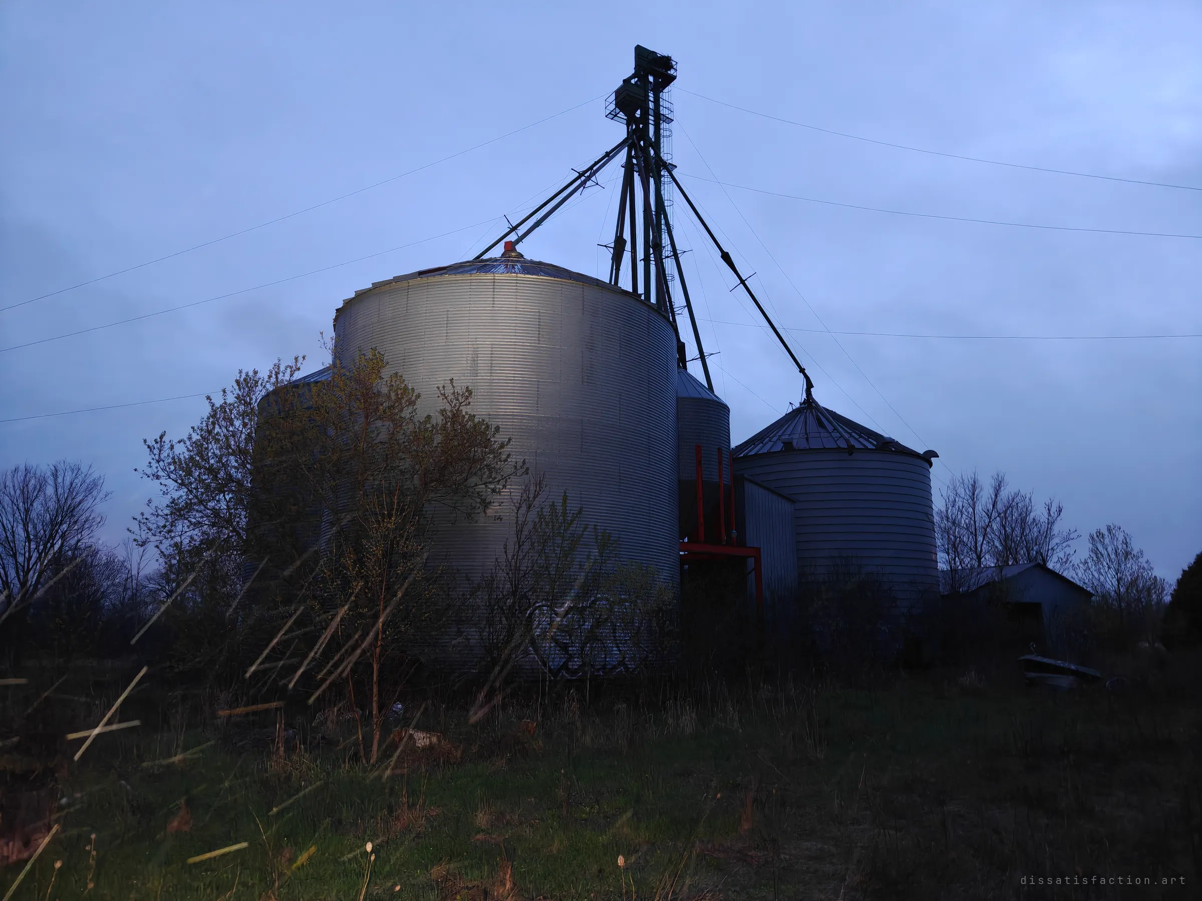 Tall corrugated grain bins and a spindly elevator tower rise from overgrown brush against a blue dusk sky, strung with power lines.