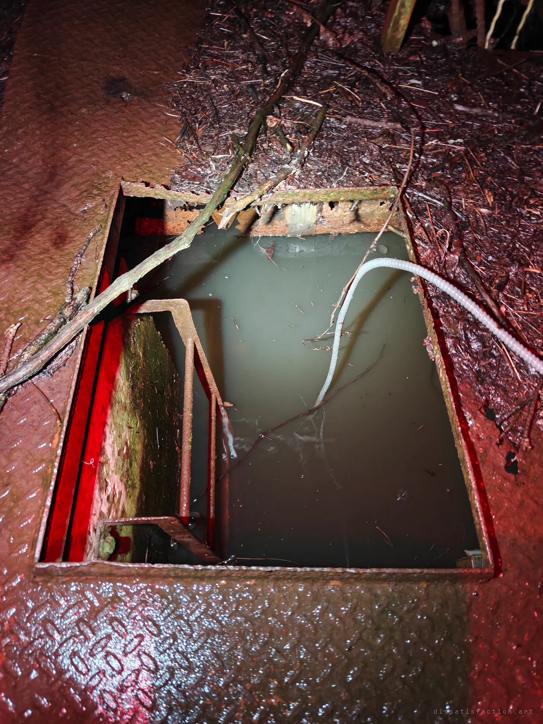 An open hatch in a rusted diamond-plate floor looks down into murky flooded water, with a ladder and a white conduit disappearing below. Branches and leaf litter spill over the edge, showing how long it has been left open.