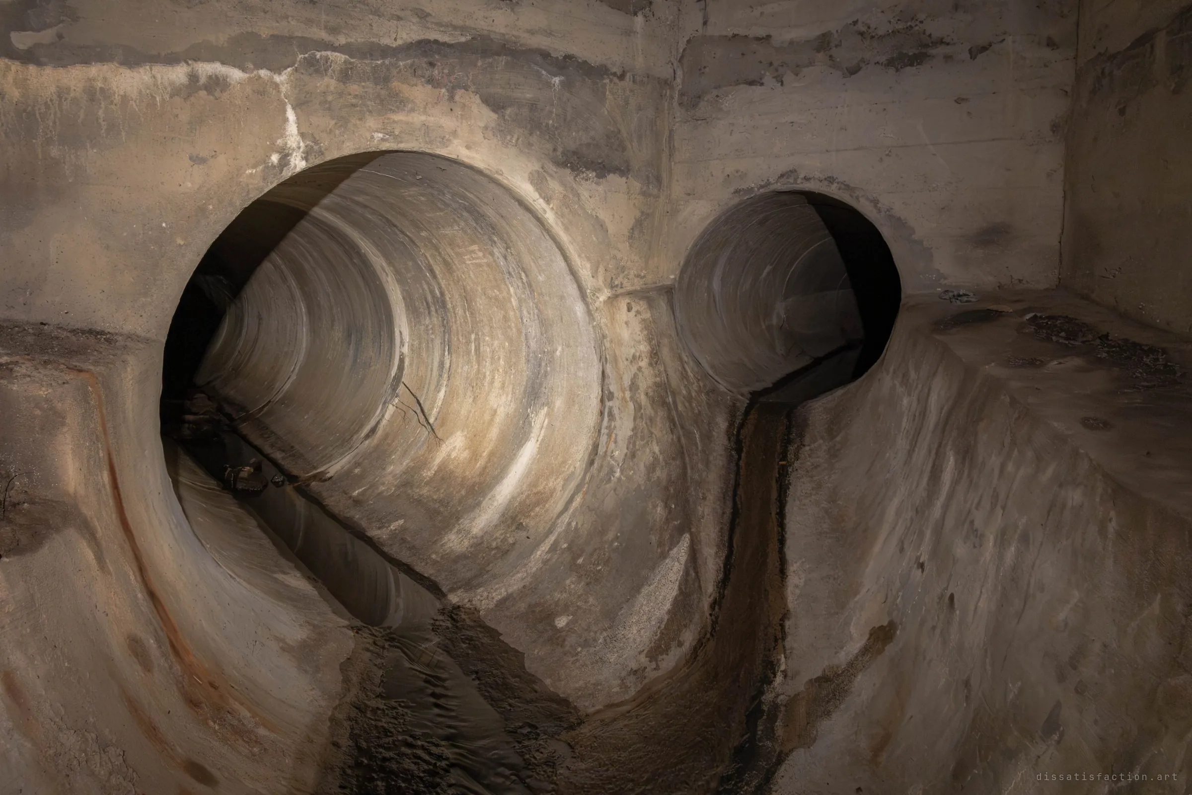 A large round pipe and a smaller one empty side by side into a bare concrete junction chamber. Their worn, stained mouths feed shallow water channels that join in the floor, showing how the drains meet underground.