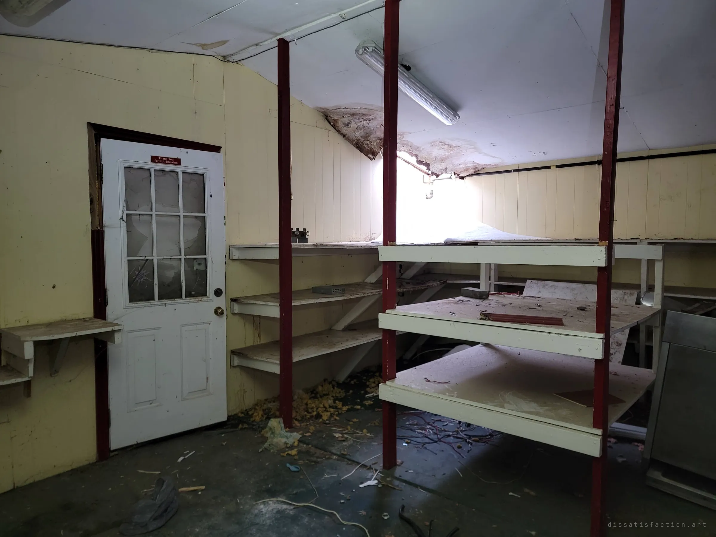 A white door with cracked panes and a small no-smoking sign stands beside empty shelving, while daylight pours through a hole where the ceiling has fallen in. The old shop floor, open to the sky.