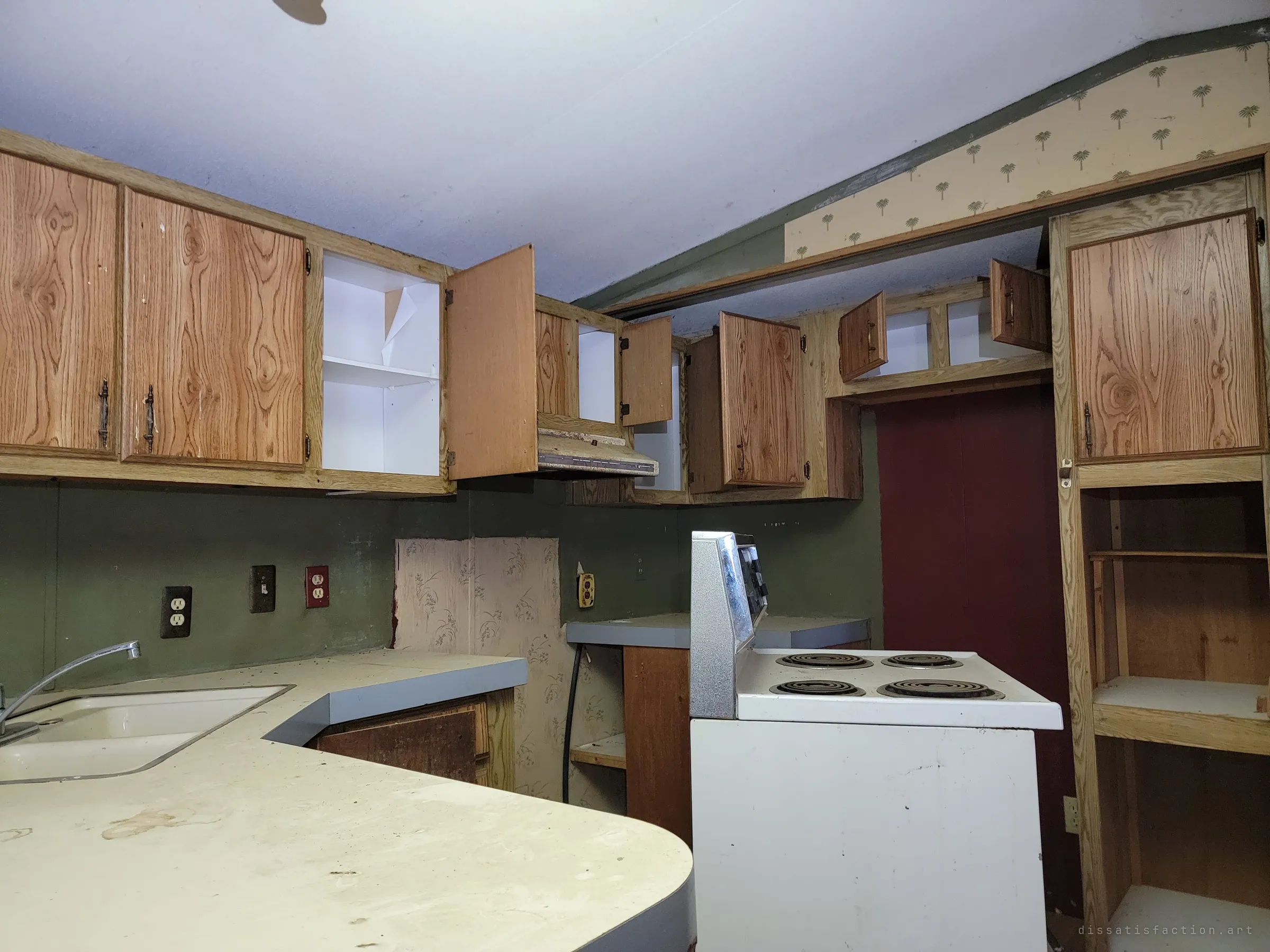 Another angle on the kitchen: oak-grain cabinets flung open under a vaulted ceiling with palm-tree wallpaper, and a patch of old floral paper behind where the fridge once stood.