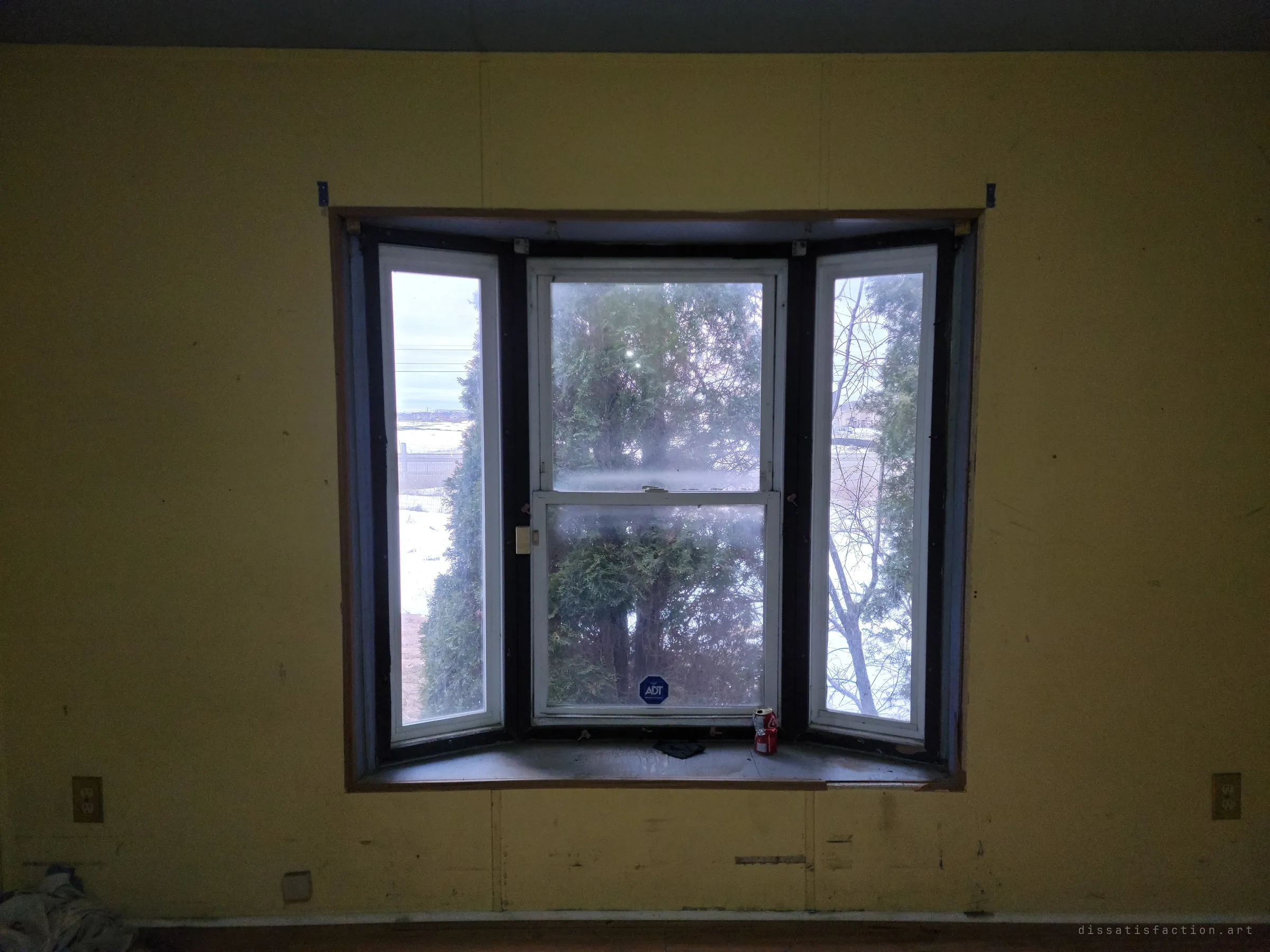 A bay window set into a yellow panelled wall, its glass fogged and a lone can left on the sill. Evergreens press against the panes while snow lies outside.
