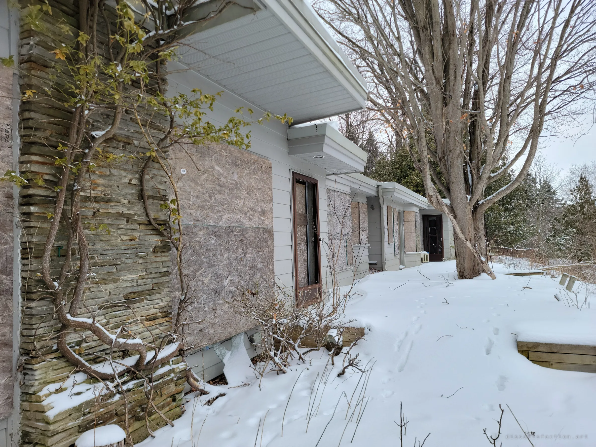 Bare vines climb a stacked-stone wall beside a boarded window, while the boarded wing stretches away past a big leafless tree. Snow lies untouched along the path.