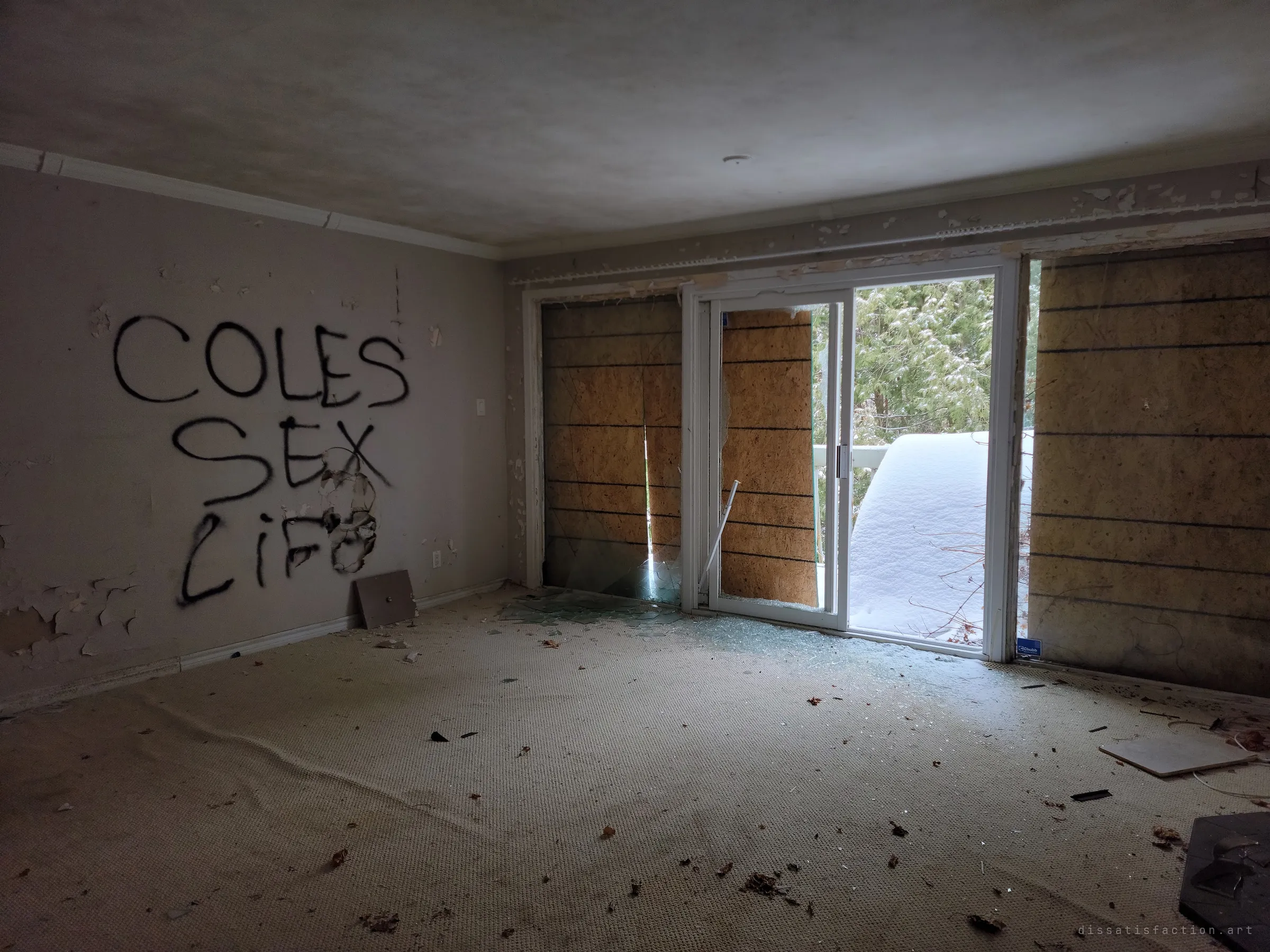A large bedroom with crude spray-painted graffiti on one wall and a smashed patio door opening onto a snow-covered balcony and evergreens. Glass glitters across the carpet.