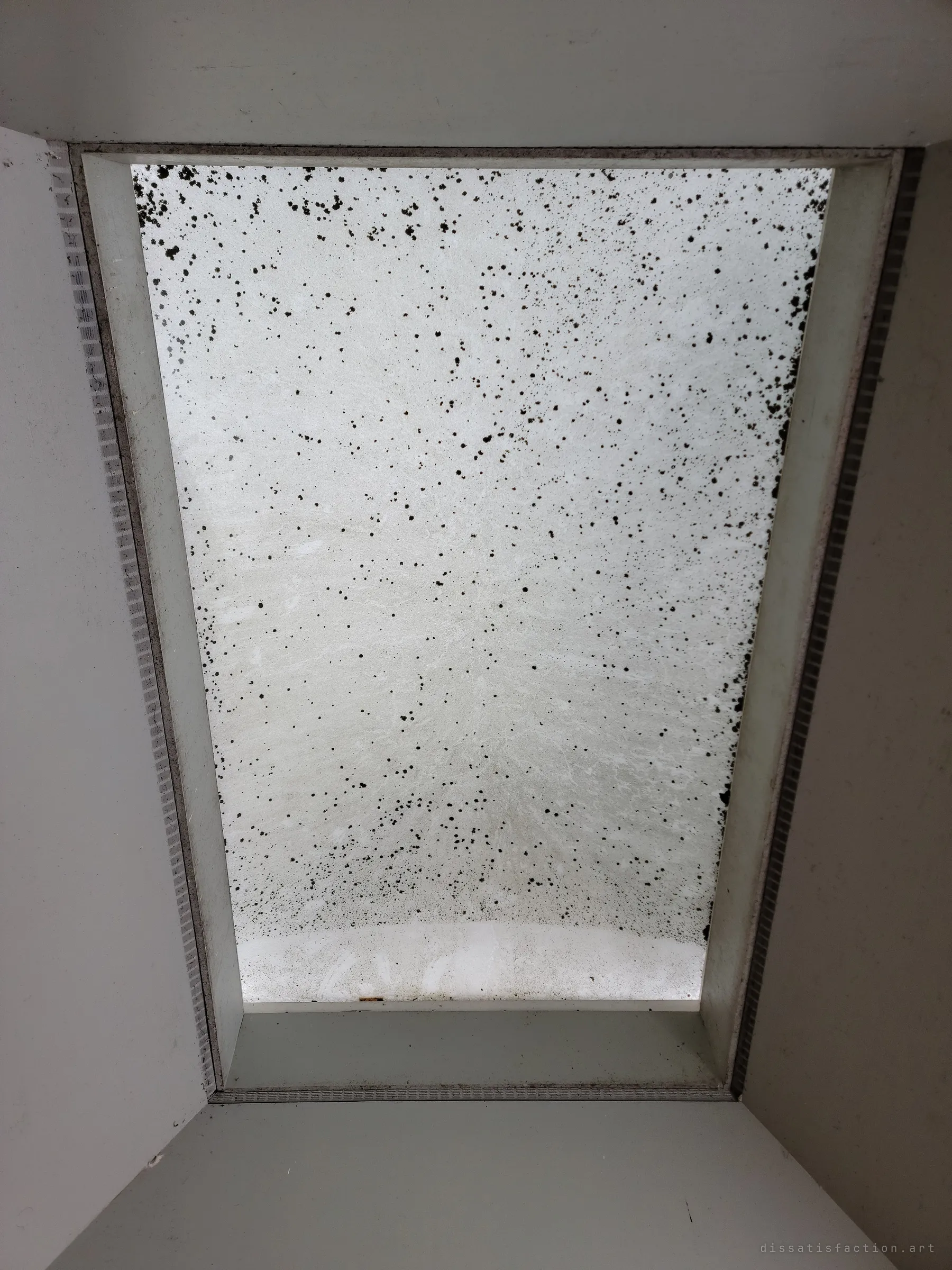 Looking straight up into a skylight shaft, its cloudy dome speckled with dark spots of mould and grime. A quiet, abstract view of the house letting the weather in.