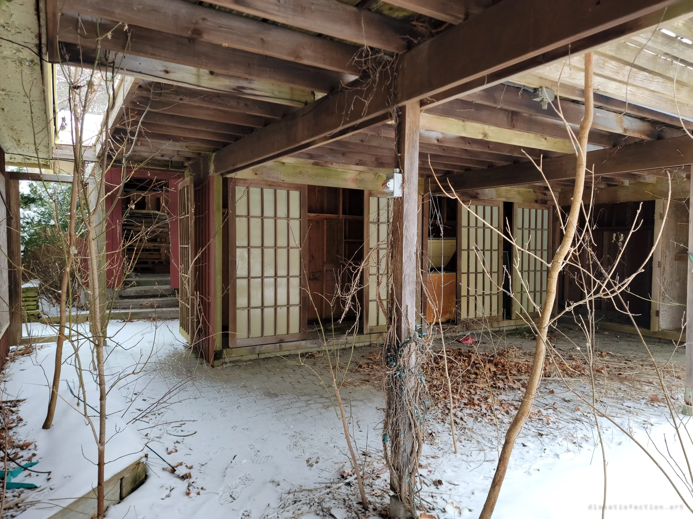 Beneath a heavy timber deck, shoji-style lattice screens line a snow-dusted courtyard, saplings growing up through the paving.
