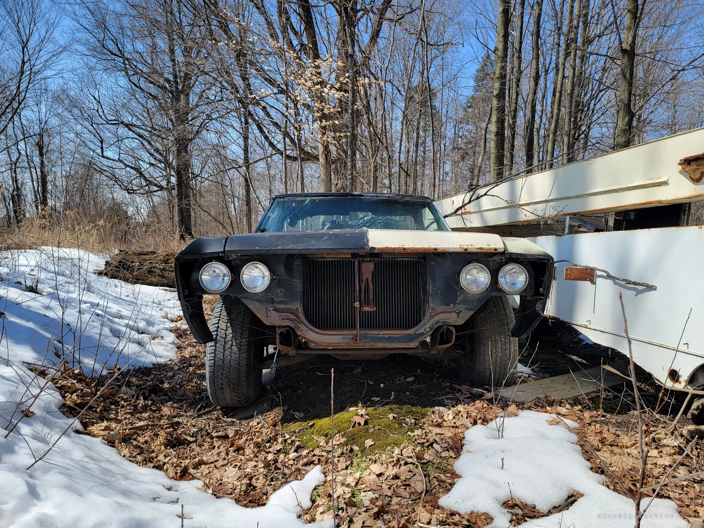 Head-on view of the stripped black car, four round headlights flanking an exposed radiator, a patch of moss in front of its wheels. The white crane boom crowds the right side of the frame.