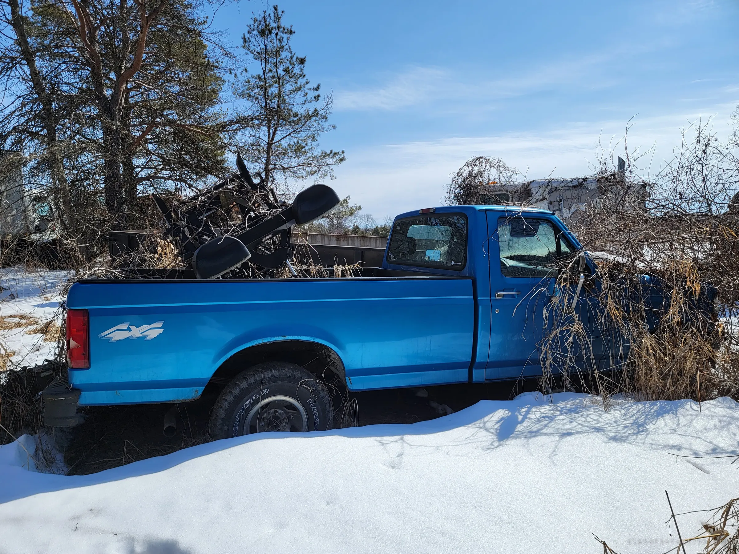 A bright blue full-size 4x4 pickup sunk in deep snow, its bed full of scrap parts and its cab wrapped in dead vines. The paint still shines despite the overgrowth.