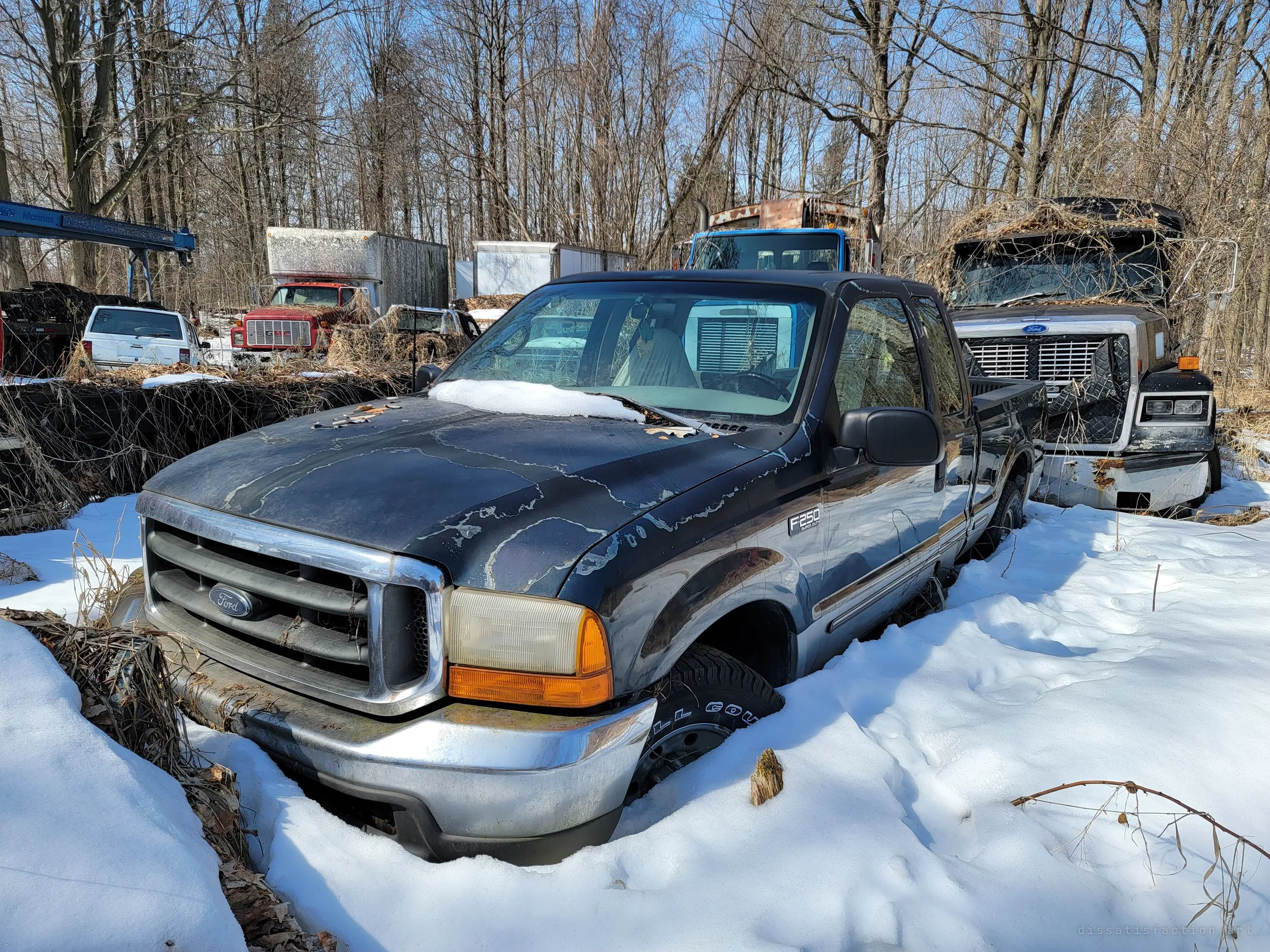 A dark pickup with peeling clear coat is buried to its bumper in snow, with box trucks, a crane and an overgrown heavy truck crowded in the woods behind it. The rows of abandoned work vehicles set the scene of the yard.