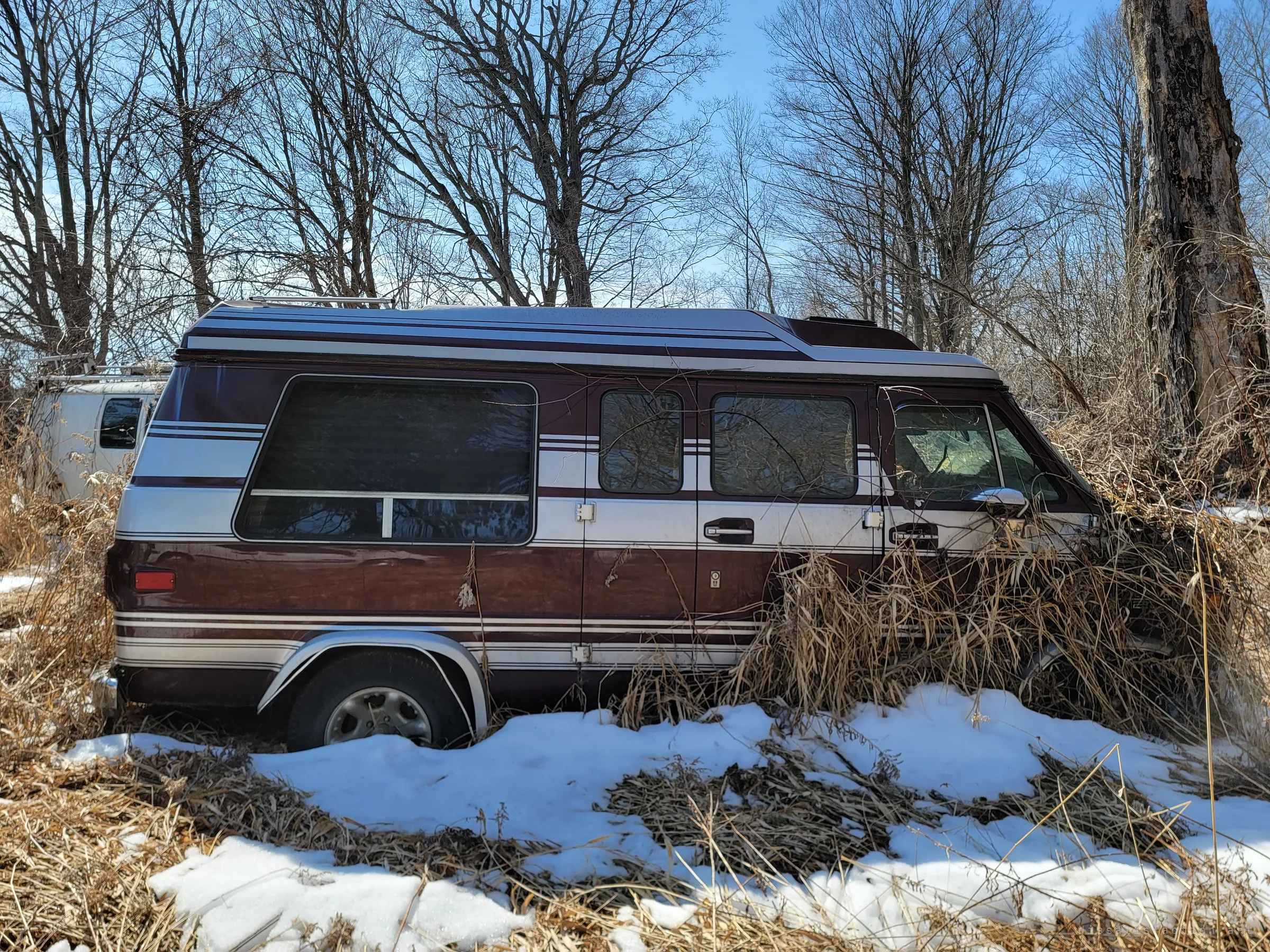 A maroon and silver conversion van with a raised roof sinks into dry grass and snow, its front half swallowed by brush. Its striped 80s paint is still bright under the dirt.