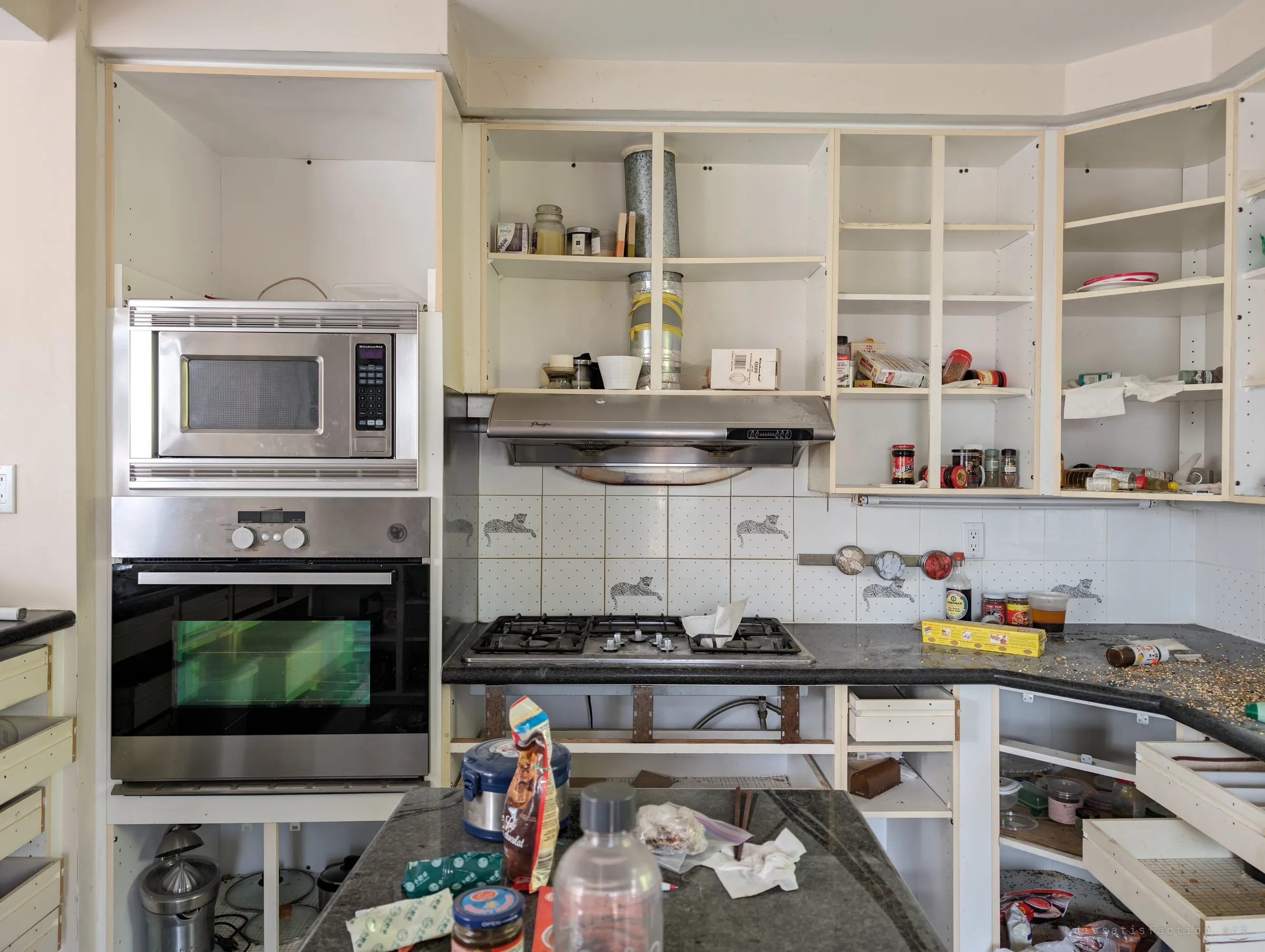 The stove wall of the stripped kitchen: doorless cabinets with a few jars and spices, a built-in oven and microwave, and leopard-print backsplash tiles. Spilled seeds and open packets cover the counters.