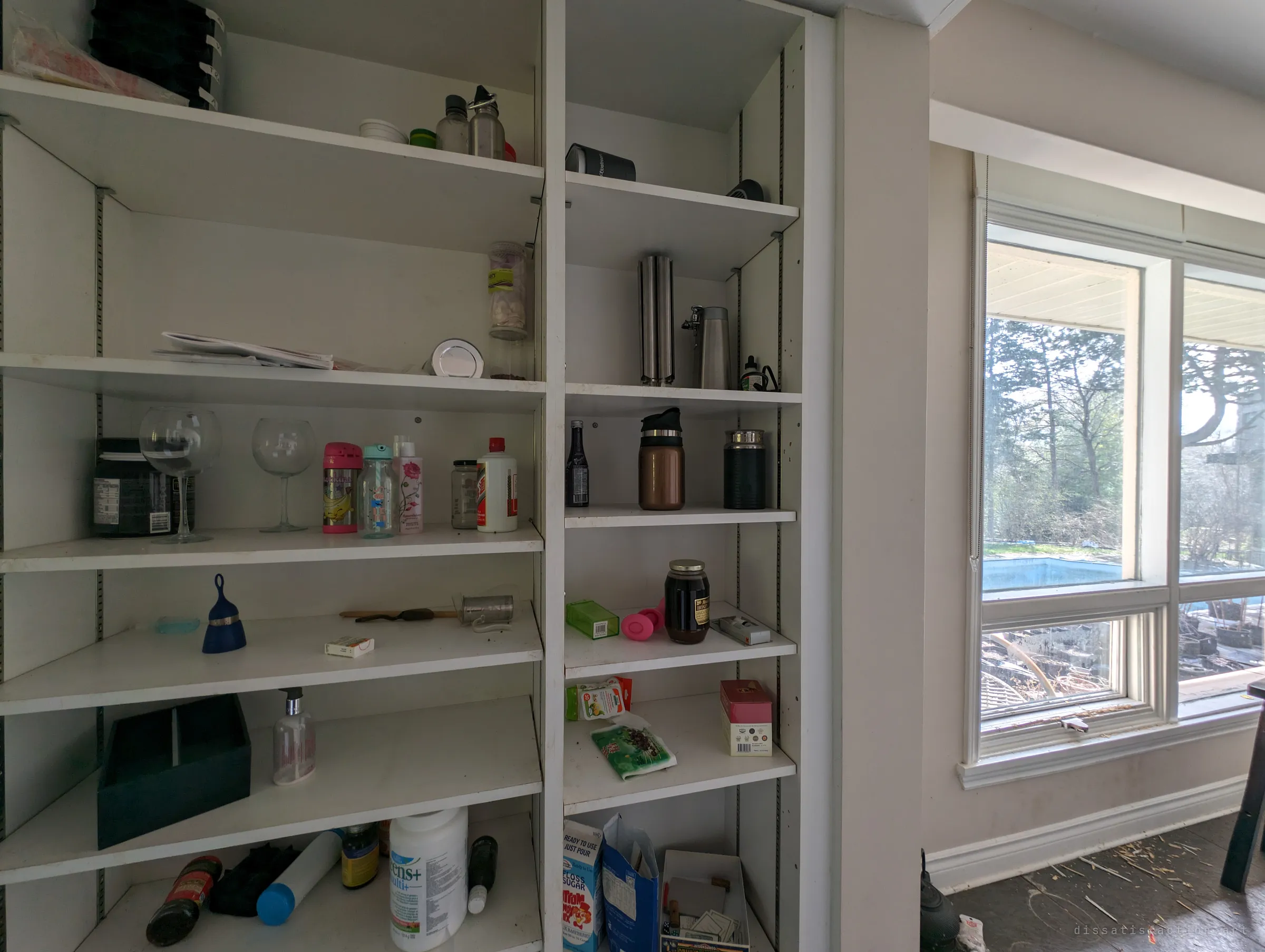 Tall pantry shelves with leftover bottles, glasses and snacks beside a window looking out on a drained pool and bare spring trees. Wood chips litter the floor below.