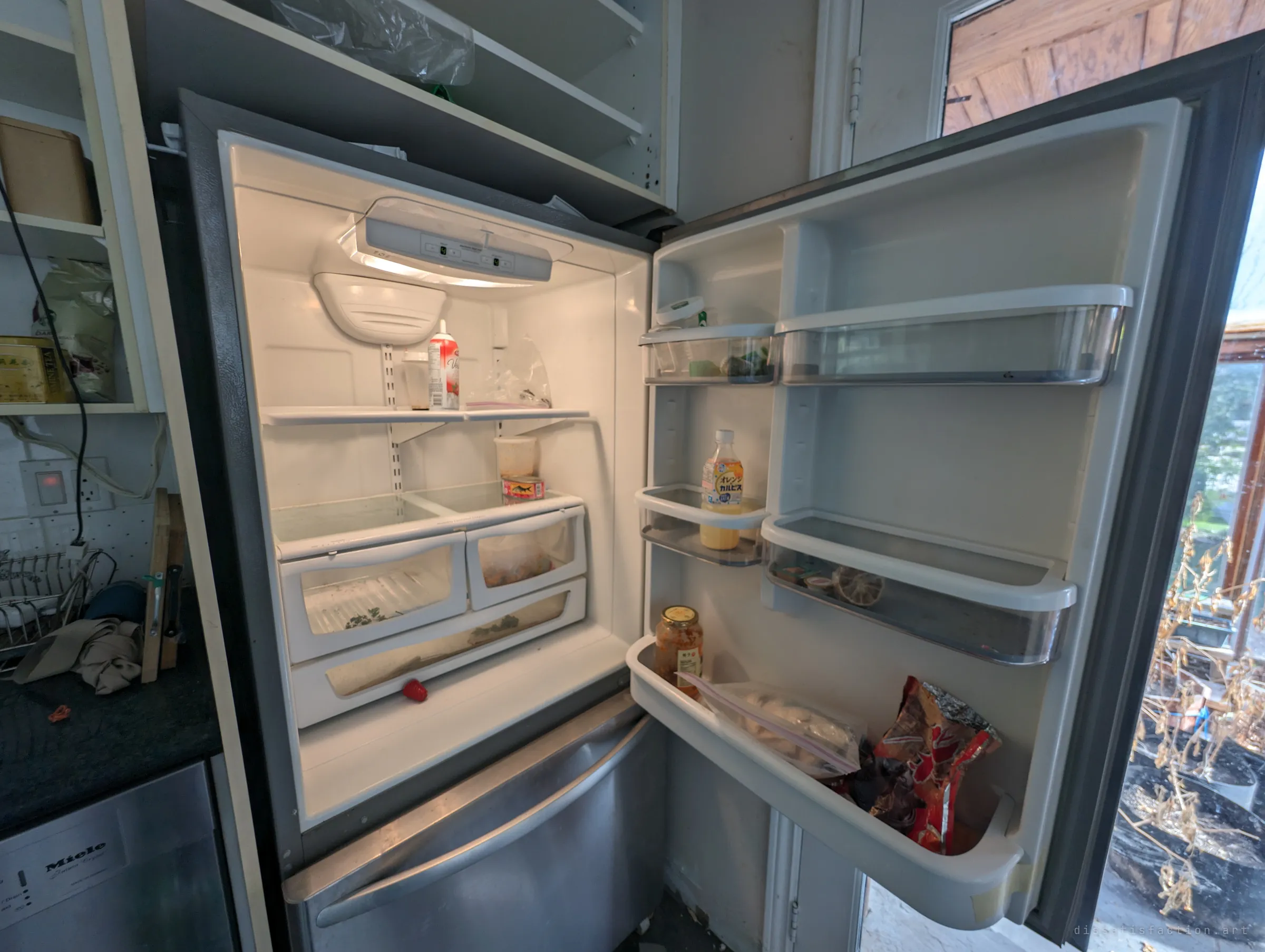 An open refrigerator, still lit, holds a few forgotten jars, a drink and a bag of snacks in its door. Dead potted plants sit outside the glass door beside it.