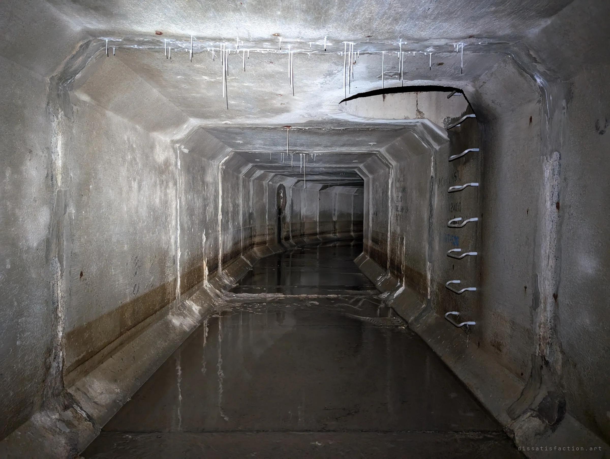 Calcite straws hang from a ceiling joint beside an open round shaft in the roof, a column of steel rungs climbing the right wall up into it. The lonely rungs are the only way out overhead.