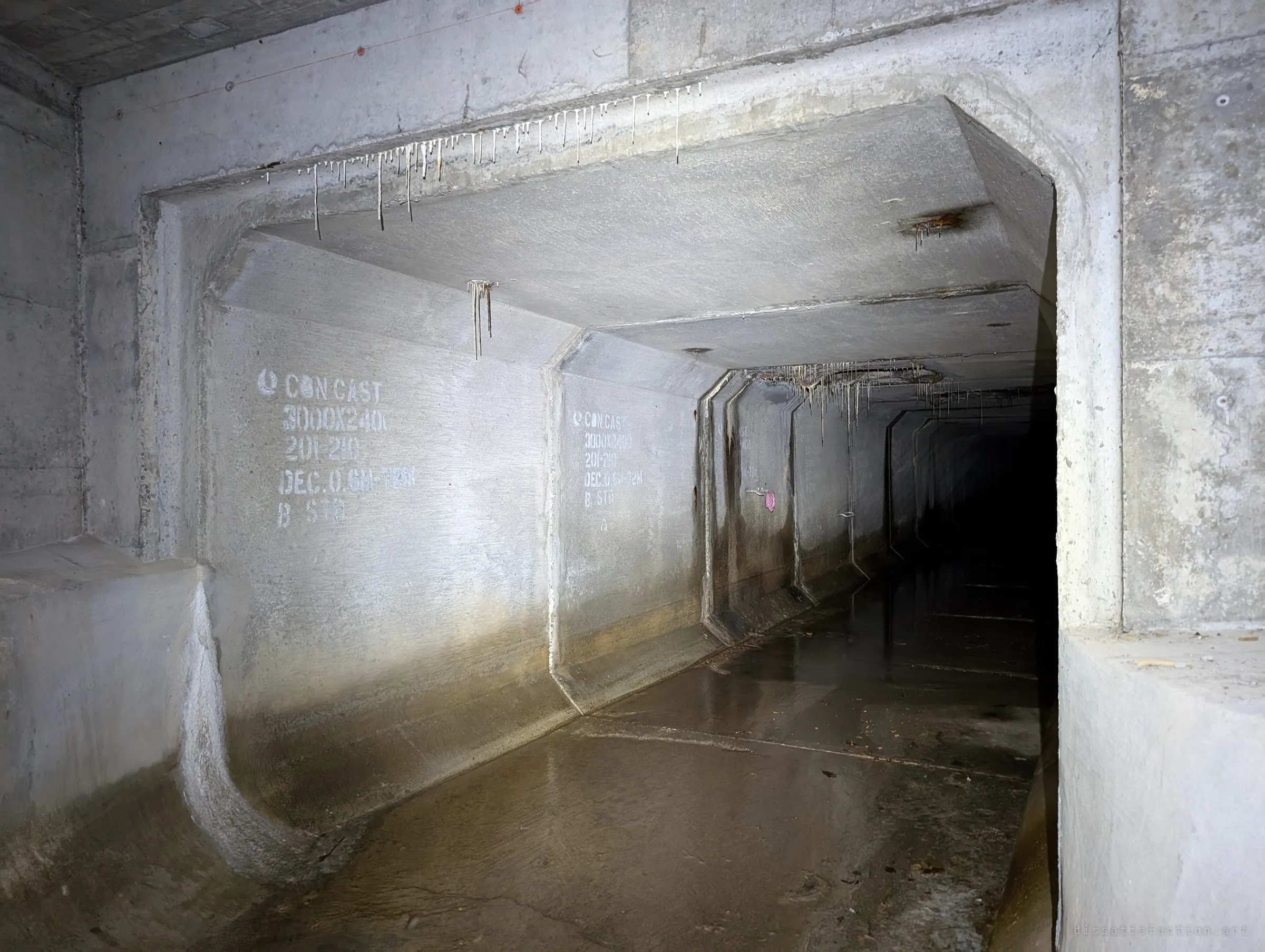 A wide precast box tunnel runs off into the dark, its ceiling fringed with thin white calcite straws. Stencilled segment codes repeat along the walls.