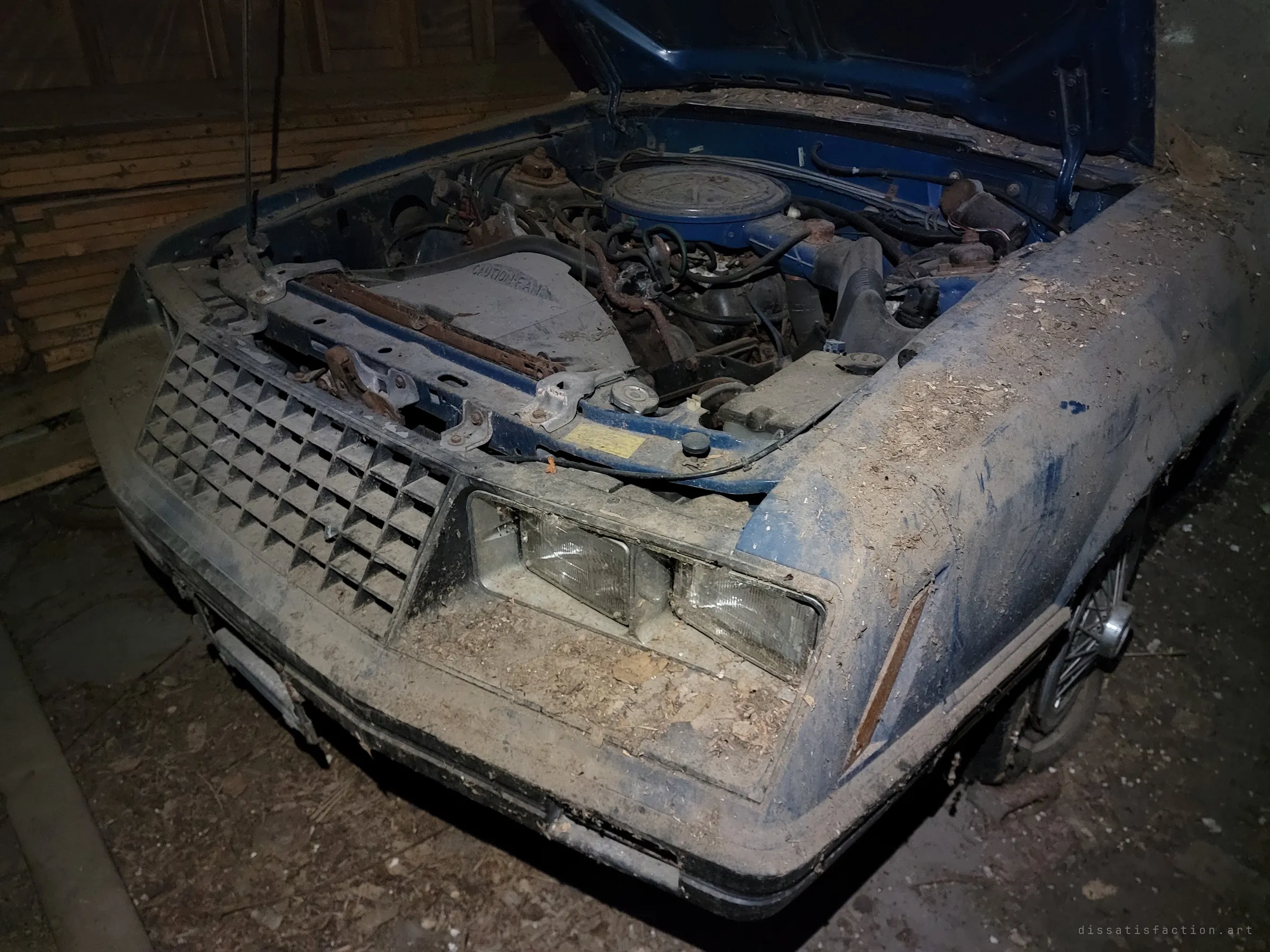 A blue 1980s coupe with its hood propped open, engine bay and headlight buckets filled with wood chips and debris. It shows the car slowly being buried where it stands.