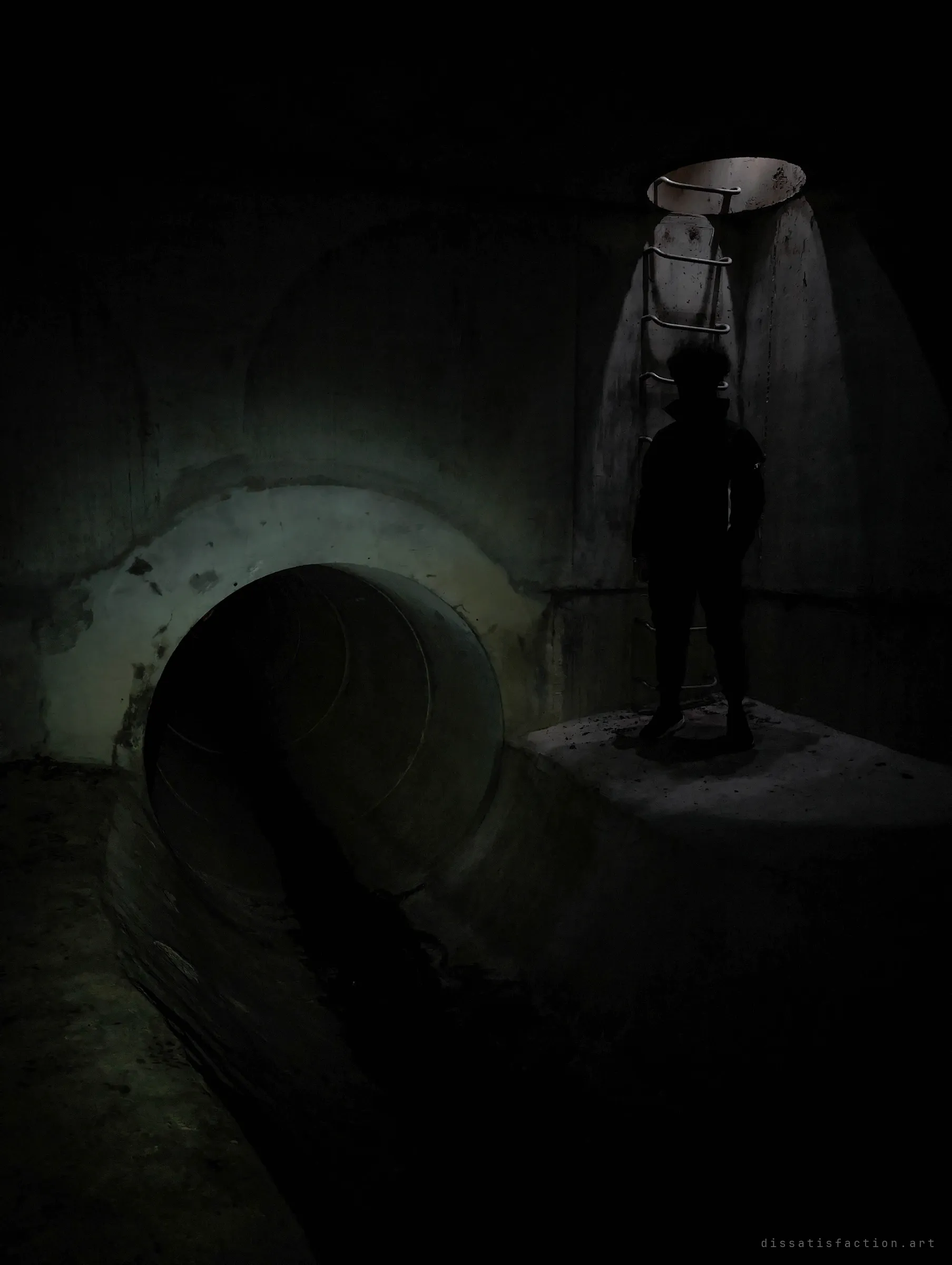 A silhouetted figure stands on a concrete ledge under a lit manhole shaft with a step-iron ladder, a large pipe disappearing into the dark beside him. The quiet inside the chamber.