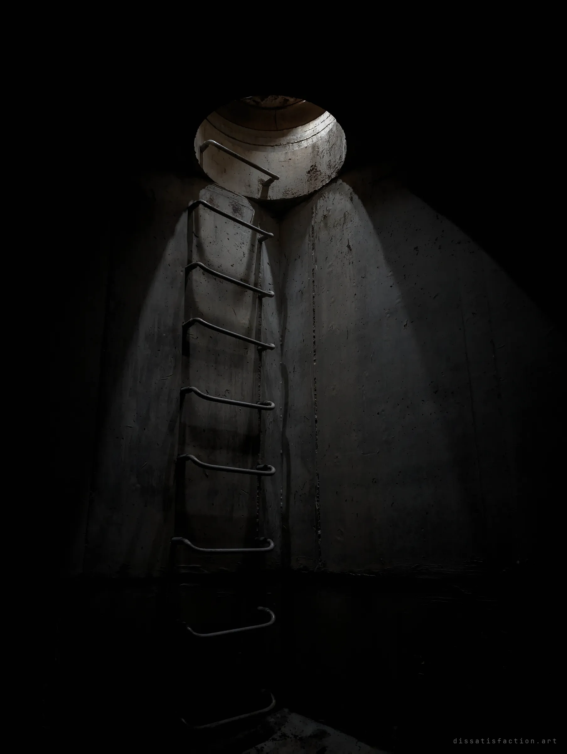 Step irons climb a concrete shaft toward a round manhole opening, lit from below. The only way back up.