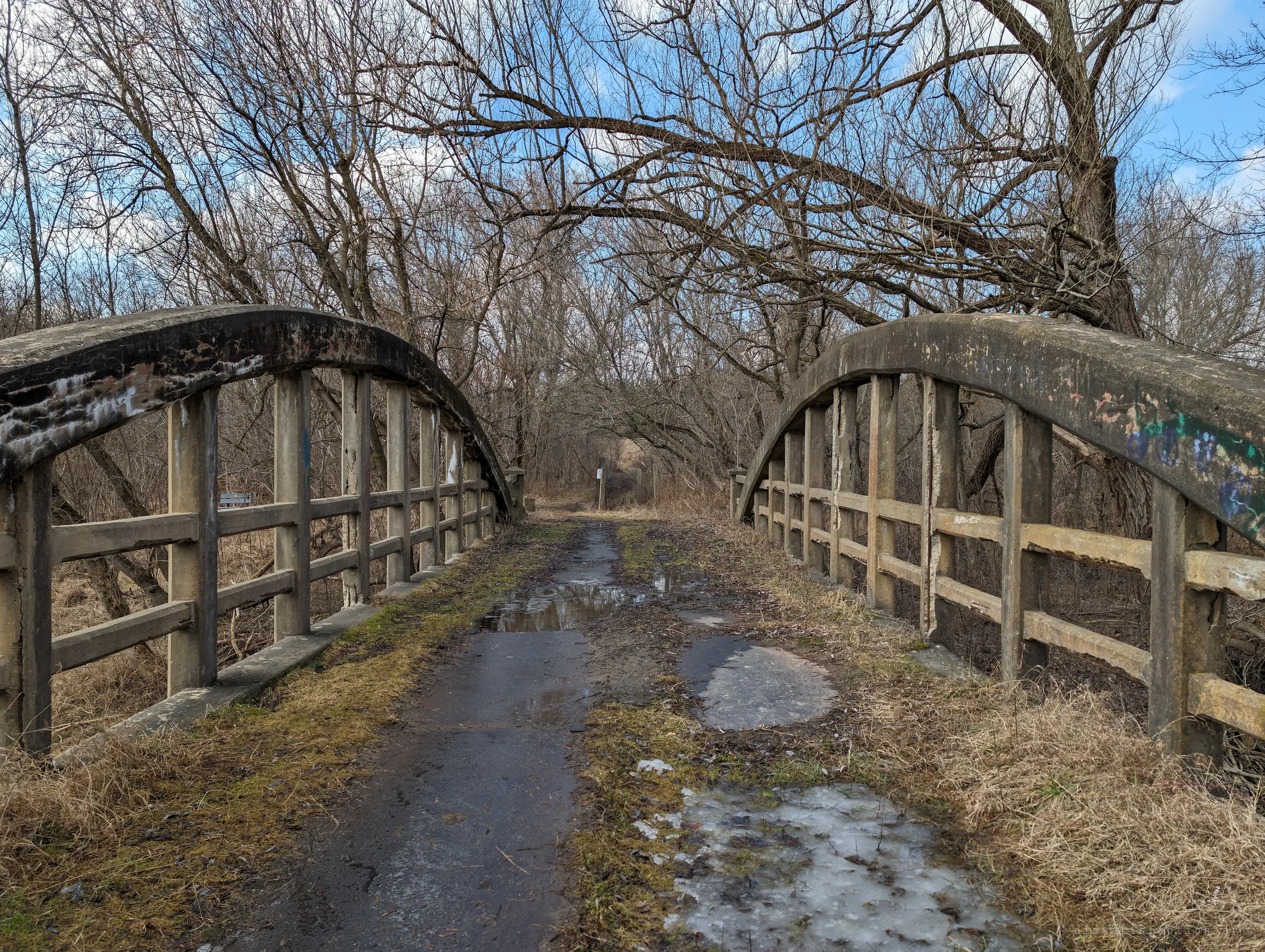 Looking straight down the deck of the bridge between its two weathered concrete arches, the asphalt broken by puddles, ice and creeping grass. Graffiti and peeling paint mark the arches, and bare trees close in overhead.