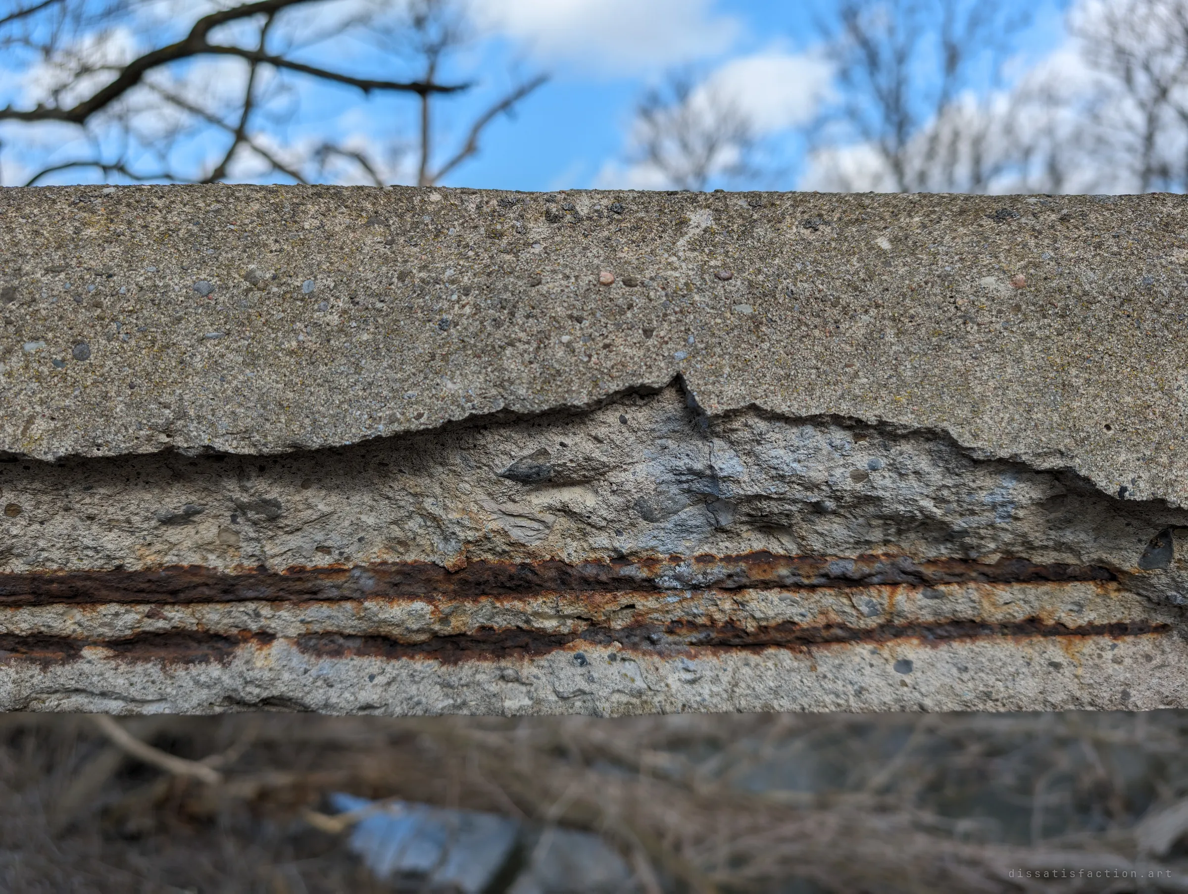 A close-up of a railing beam where the concrete skin has spalled off, revealing two rusted rebar lines running its length. The texture of aggregate and corrosion fills the frame.