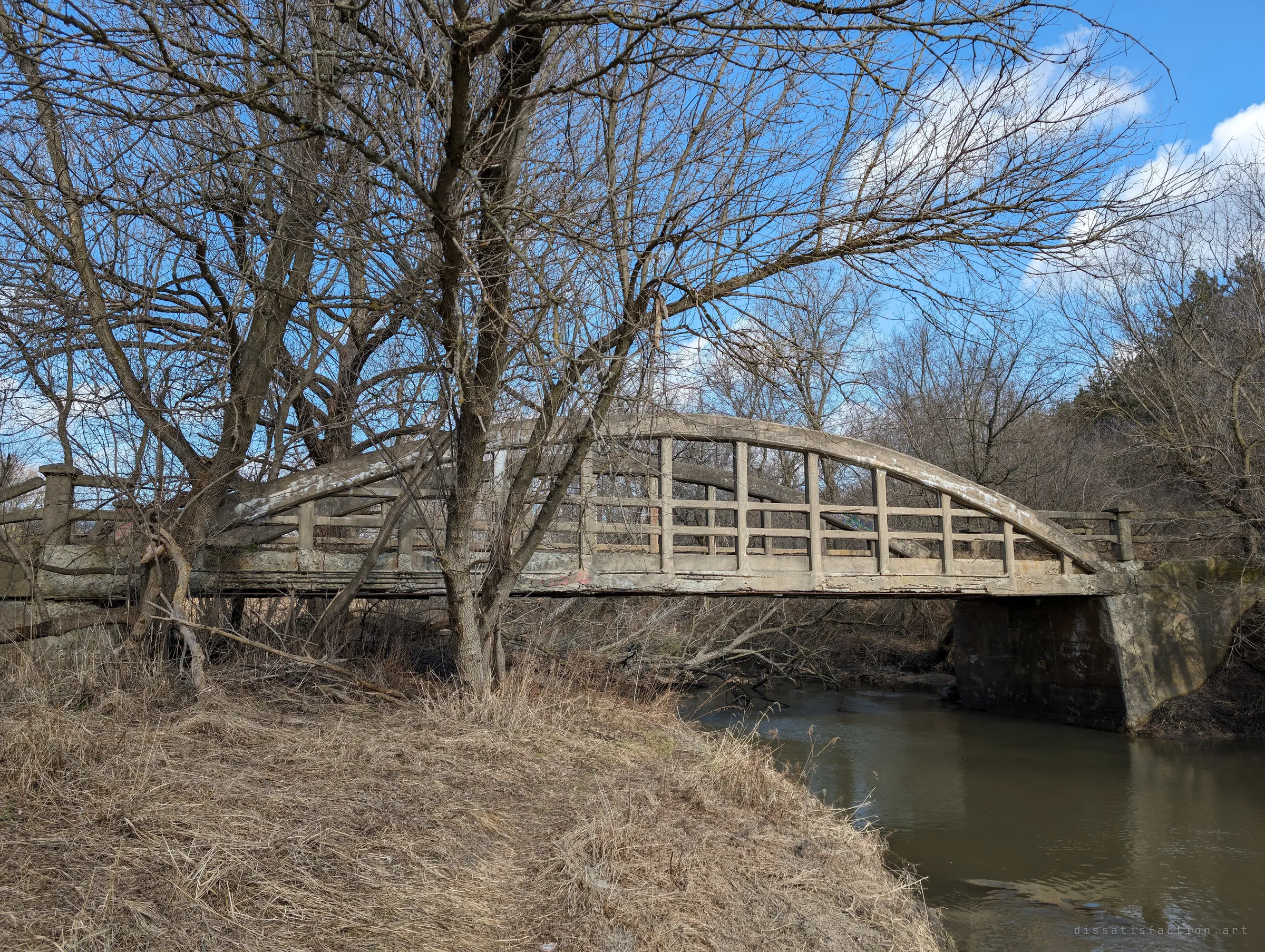 The whole bridge seen from the riverbank, its single concrete bowstring arch spanning brown water behind a screen of bare trees. It shows the elegant shape that makes the abandoned crossing worth the walk.