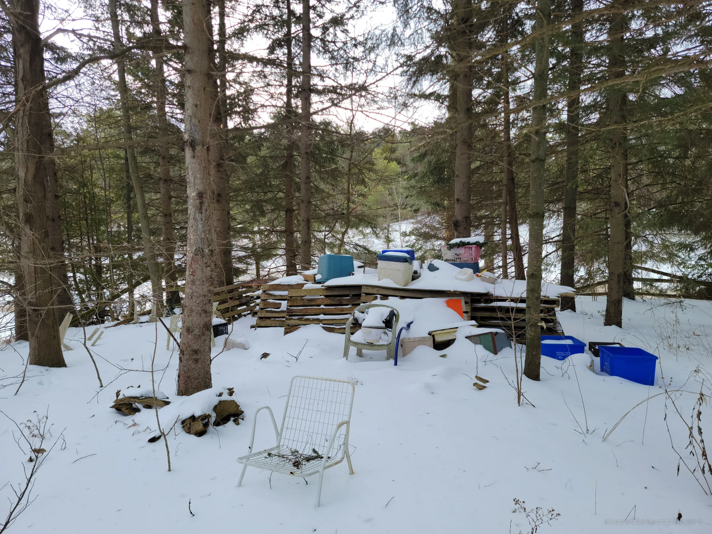 A clearing in the pines stacked with snow-covered pallets, coolers and blue recycling bins, a white wire chair set out in front as if someone meant to sit and watch the pile.