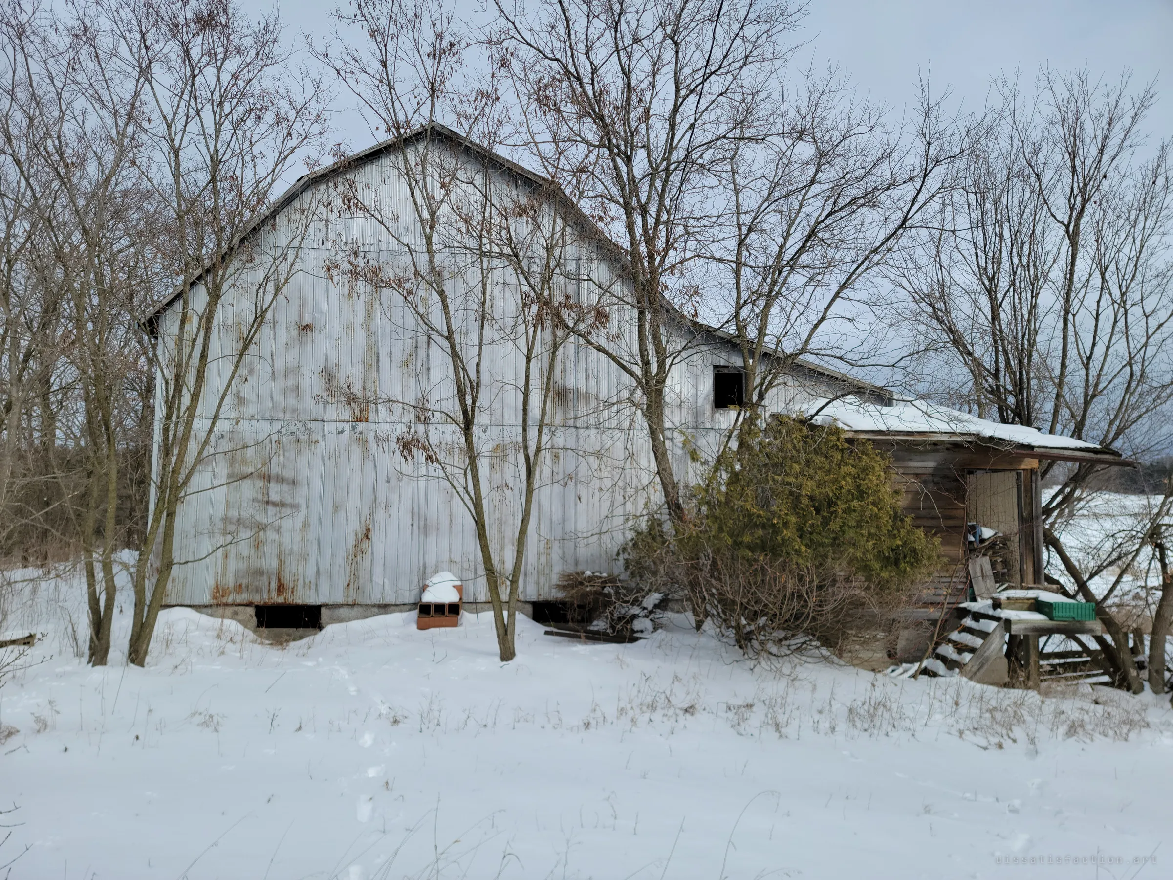 A rust-streaked steel-clad barn behind bare saplings, with a sagging wooden lean-to and rickety steps on its side. The farm's outbuildings are giving way along with the house.