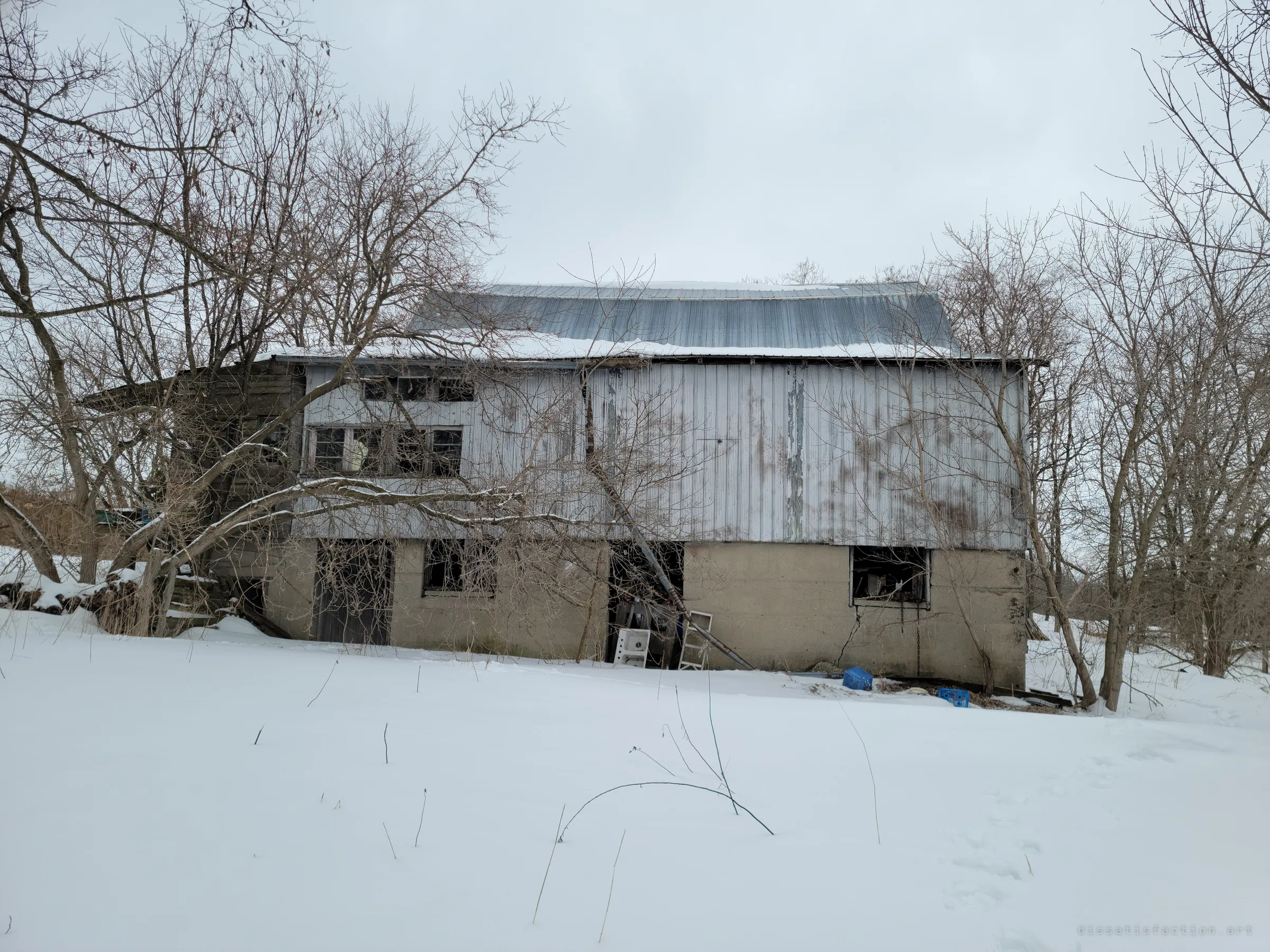 The long side of the bank barn: a concrete lower level with broken openings and a stepladder, steel siding and a gambrel roof above, fronted by an unbroken field of snow.