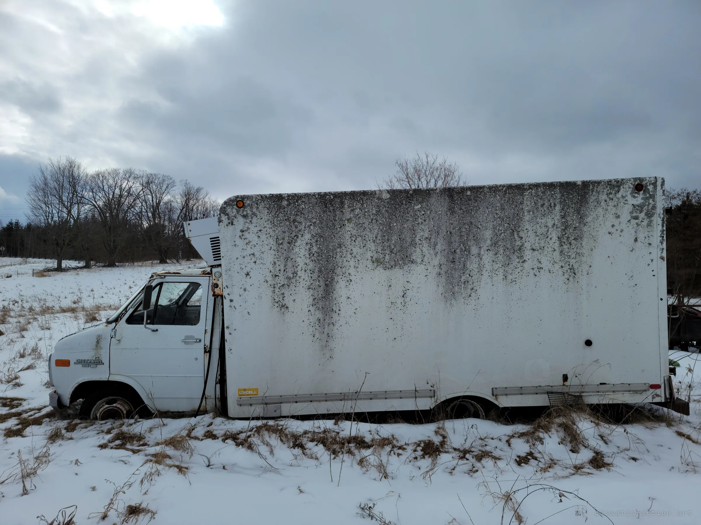 Side view of the white box truck, its body streaked black with mould and its wheels buried in snow and weeds. A delivery vehicle turned into another storage unit.