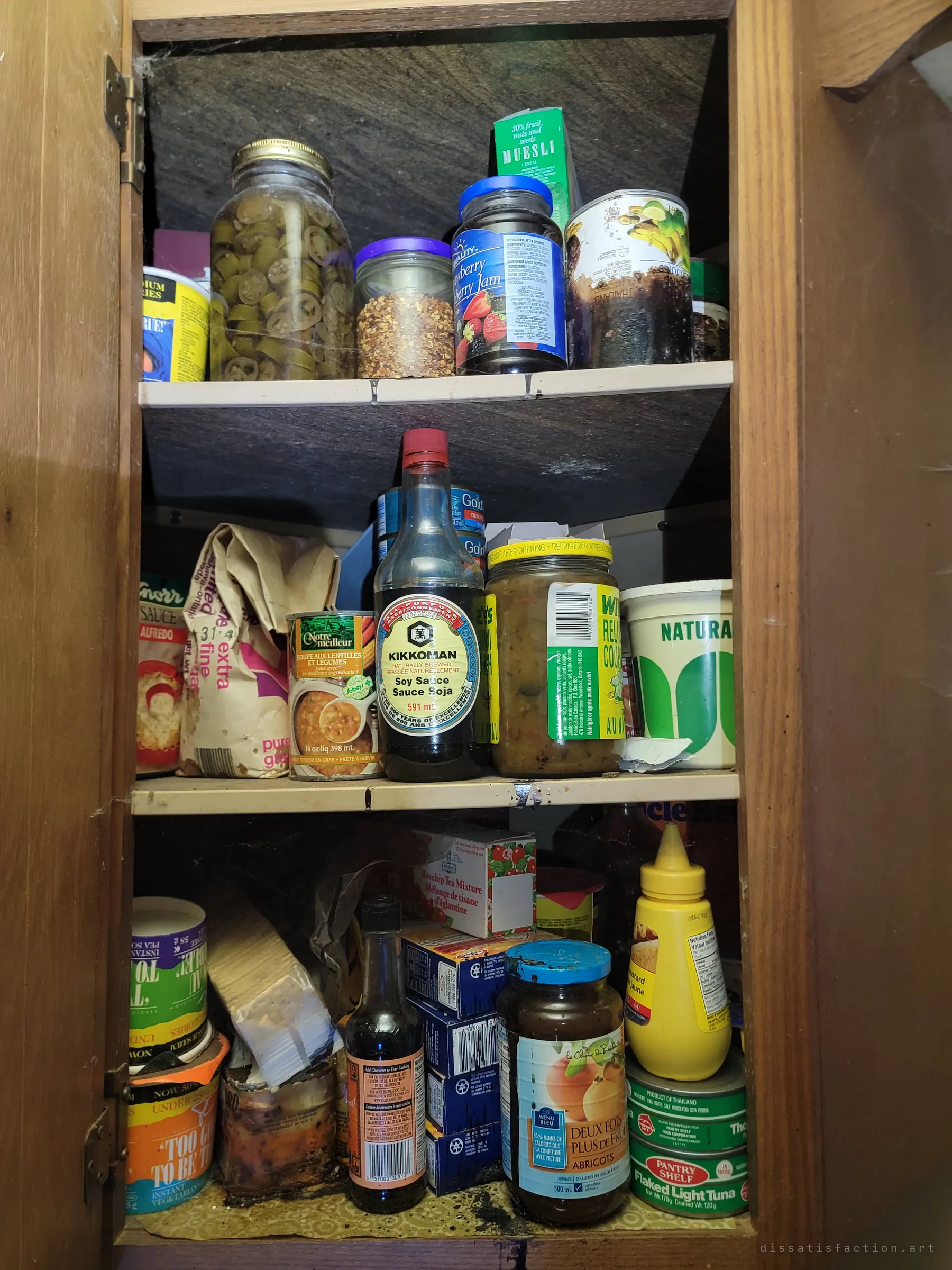 A pantry cupboard still stocked with jars, sauces and cans, some rotting in place. Everyday groceries frozen at the moment the house was left.
