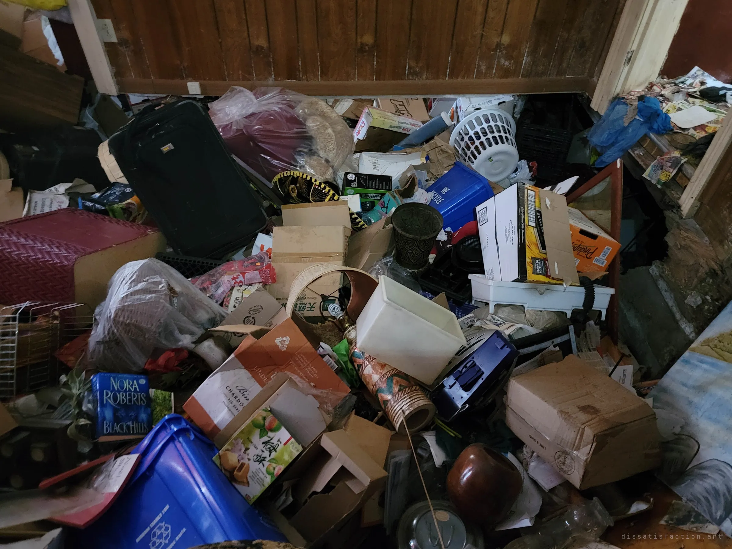 Looking down into a heap of luggage, boxes, a sombrero and recycling bins where the floor has given way near the wall. The weight of the hoard is breaking the house apart.