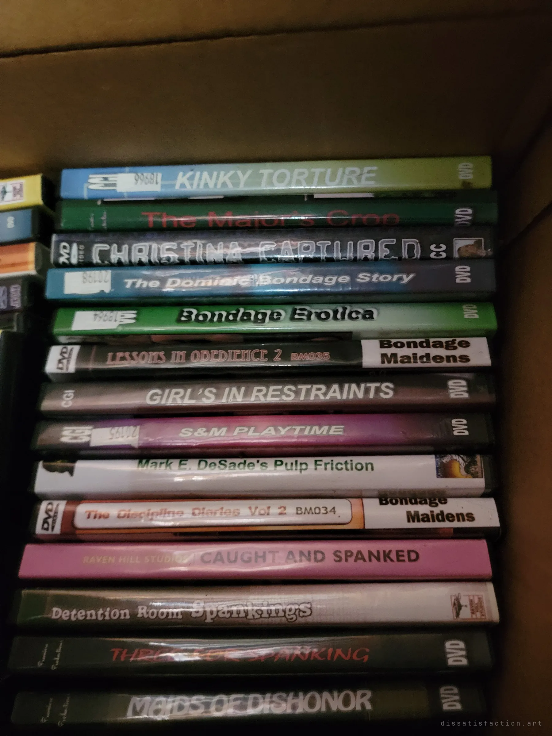 A cardboard box stacked with fetish DVD cases, spines facing up, one of many such boxes found through the house.