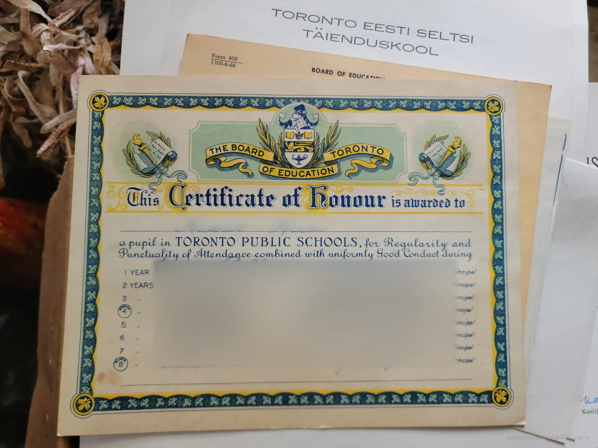 An ornate school certificate of honour for years of good attendance, signed and stamped year after year through the 1960s.