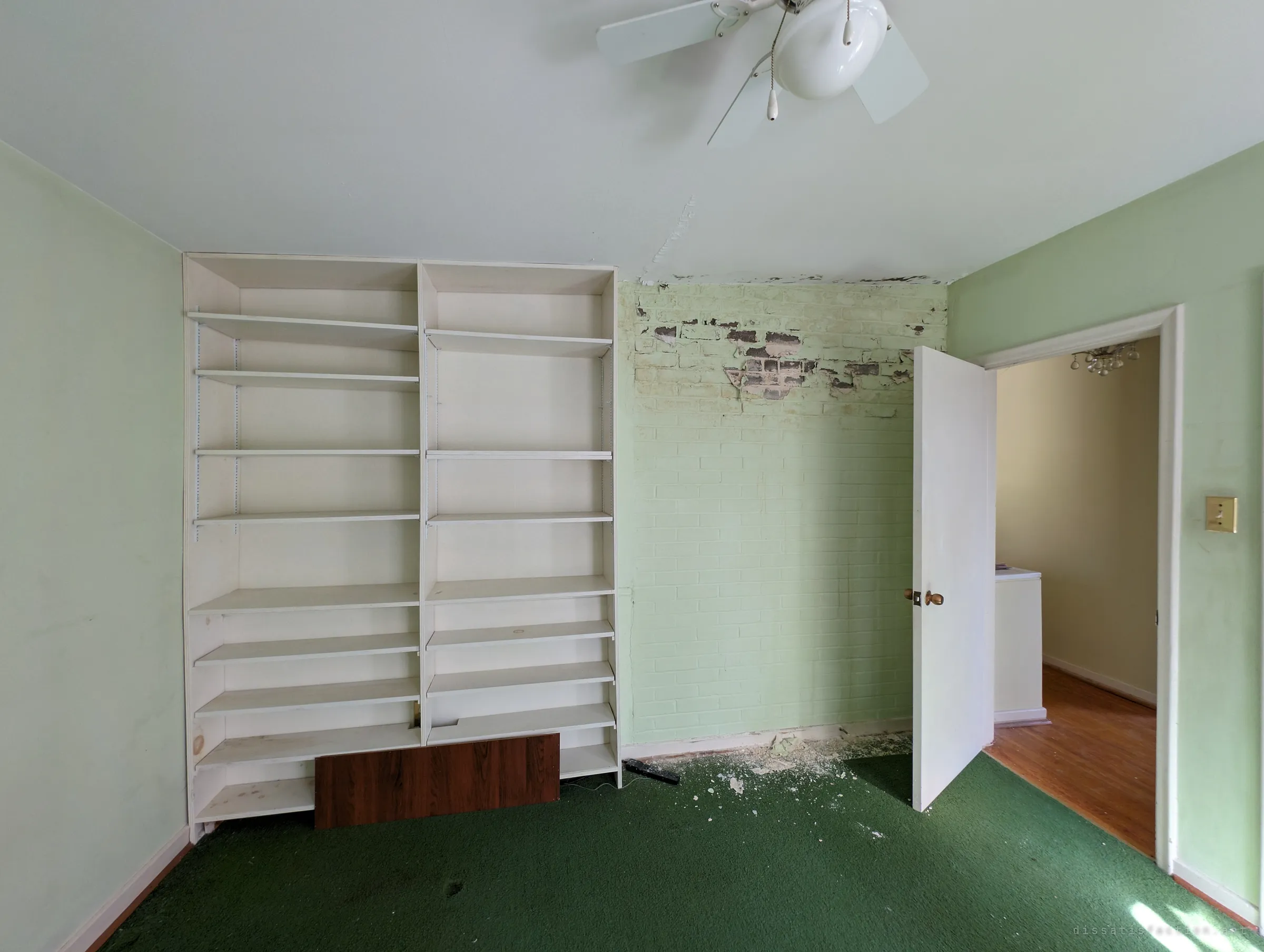 A mint-green bedroom with empty white shelving and green carpet, paint flaking off the brick wall behind the open door.