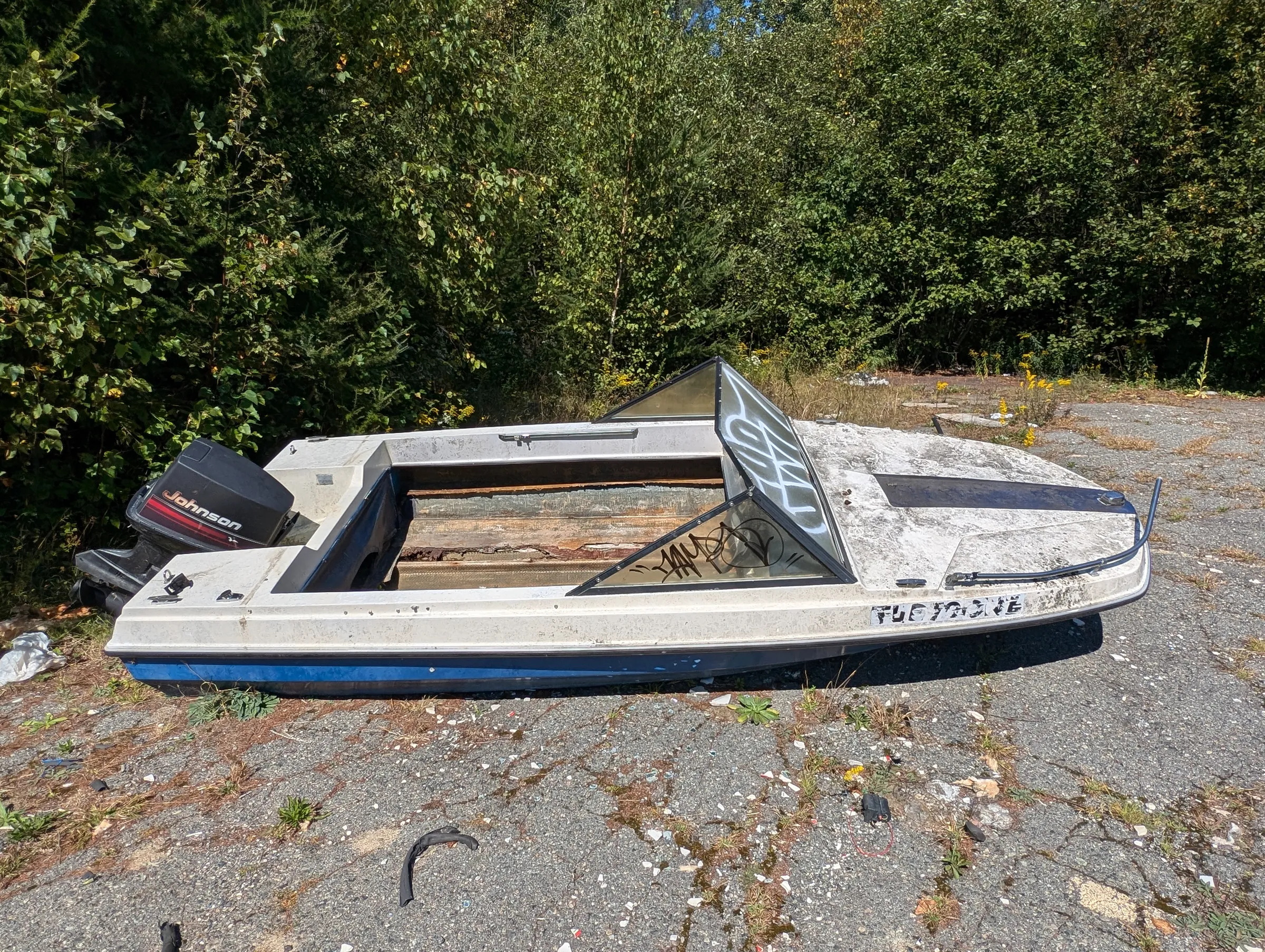 An abandoned speedboat with an outboard motor sits beached on the cracked, weedy parking lot, its windshield tagged. A strange leftover dumped long after the guests stopped coming.