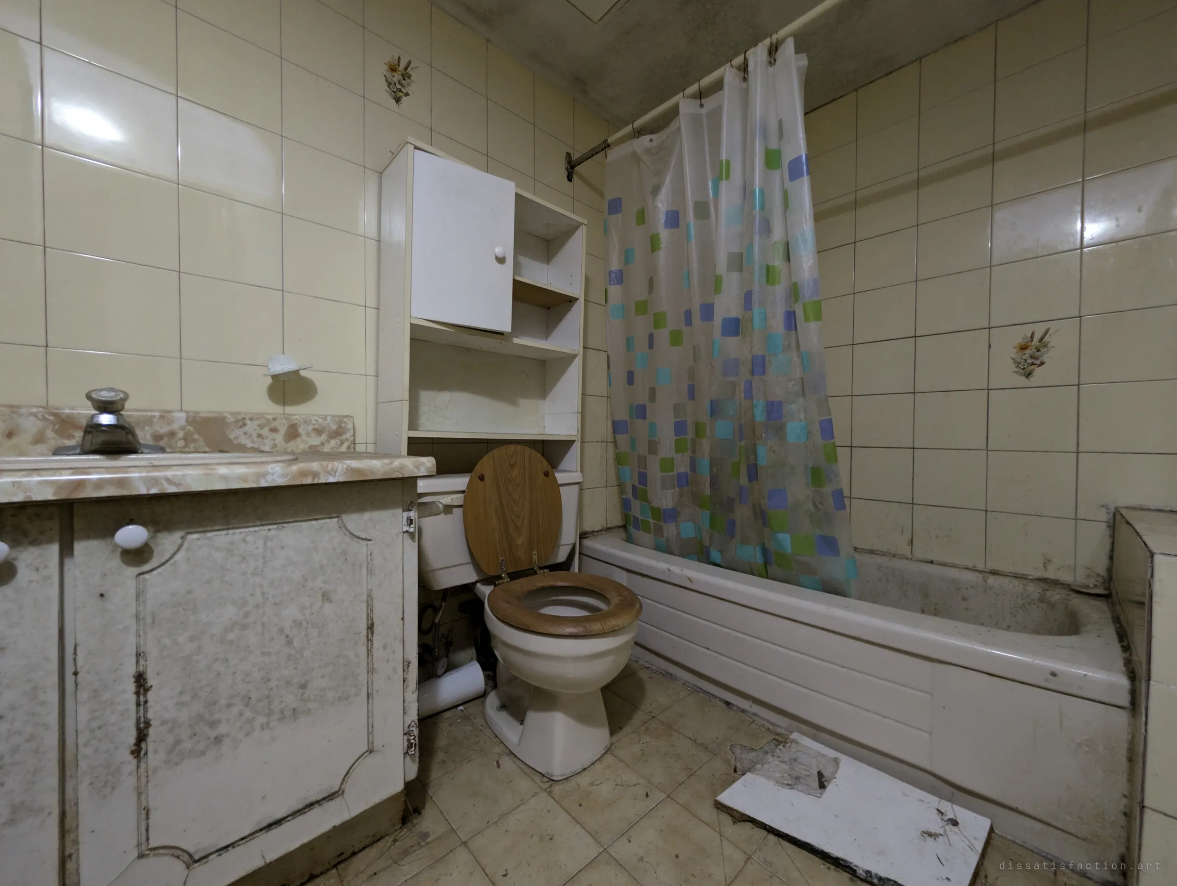 A small tiled bathroom with a wood-grain toilet seat, a checked shower curtain and floral accent tiles, all filmed over with grime and mould. It reads as the house's quietest room, left almost intact.