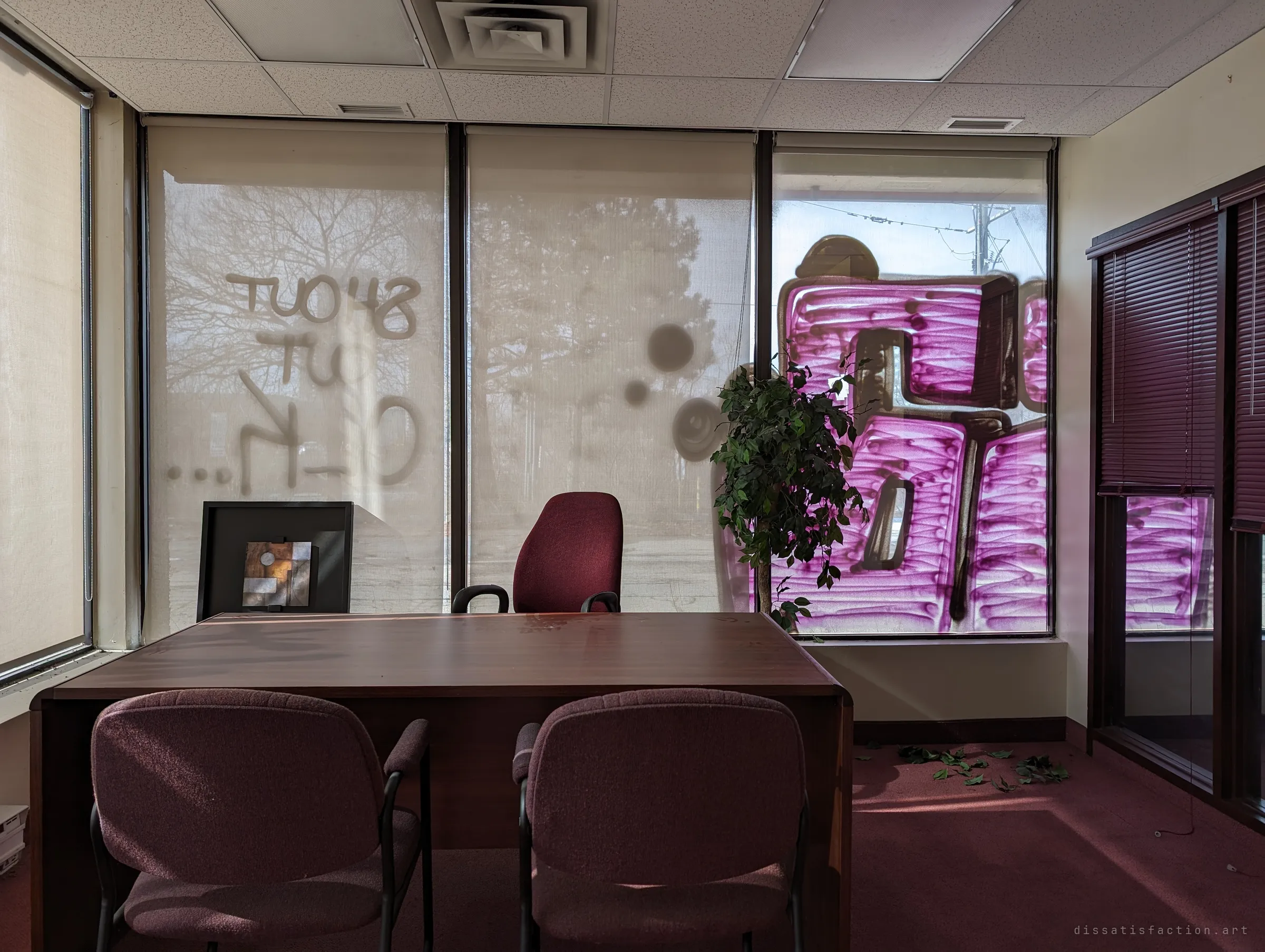A corner office with a desk, burgundy chairs and a potted ficus, its window shades tagged with backwards graffiti and a pink throw-up glowing in the sun. Vandals have left their mark while the furniture still waits for a meeting.