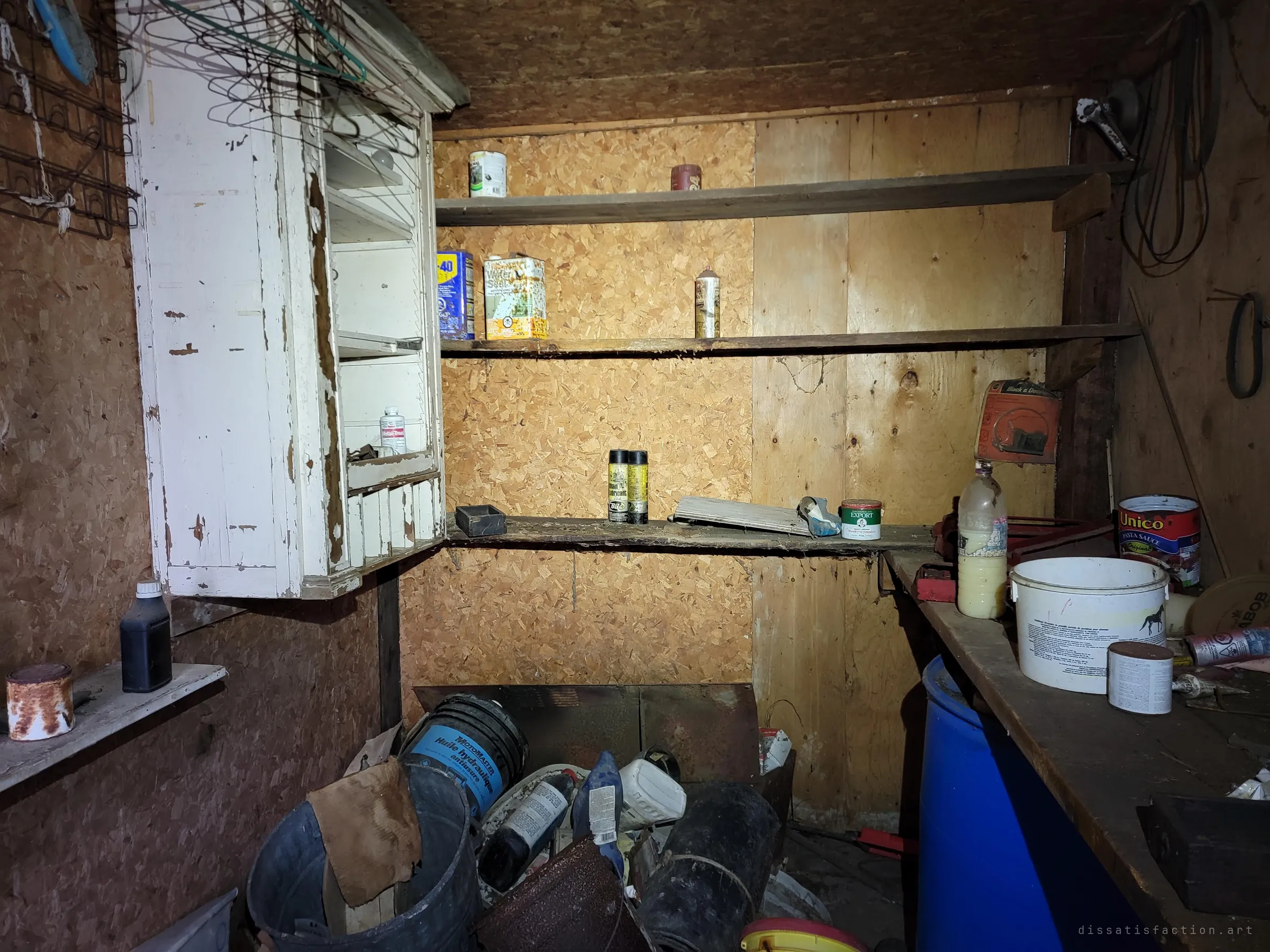 A closer look at the workshop's peeling white cabinet and bare shelves, where a few lubricant cans and a pasta sauce tin still wait on the bench.