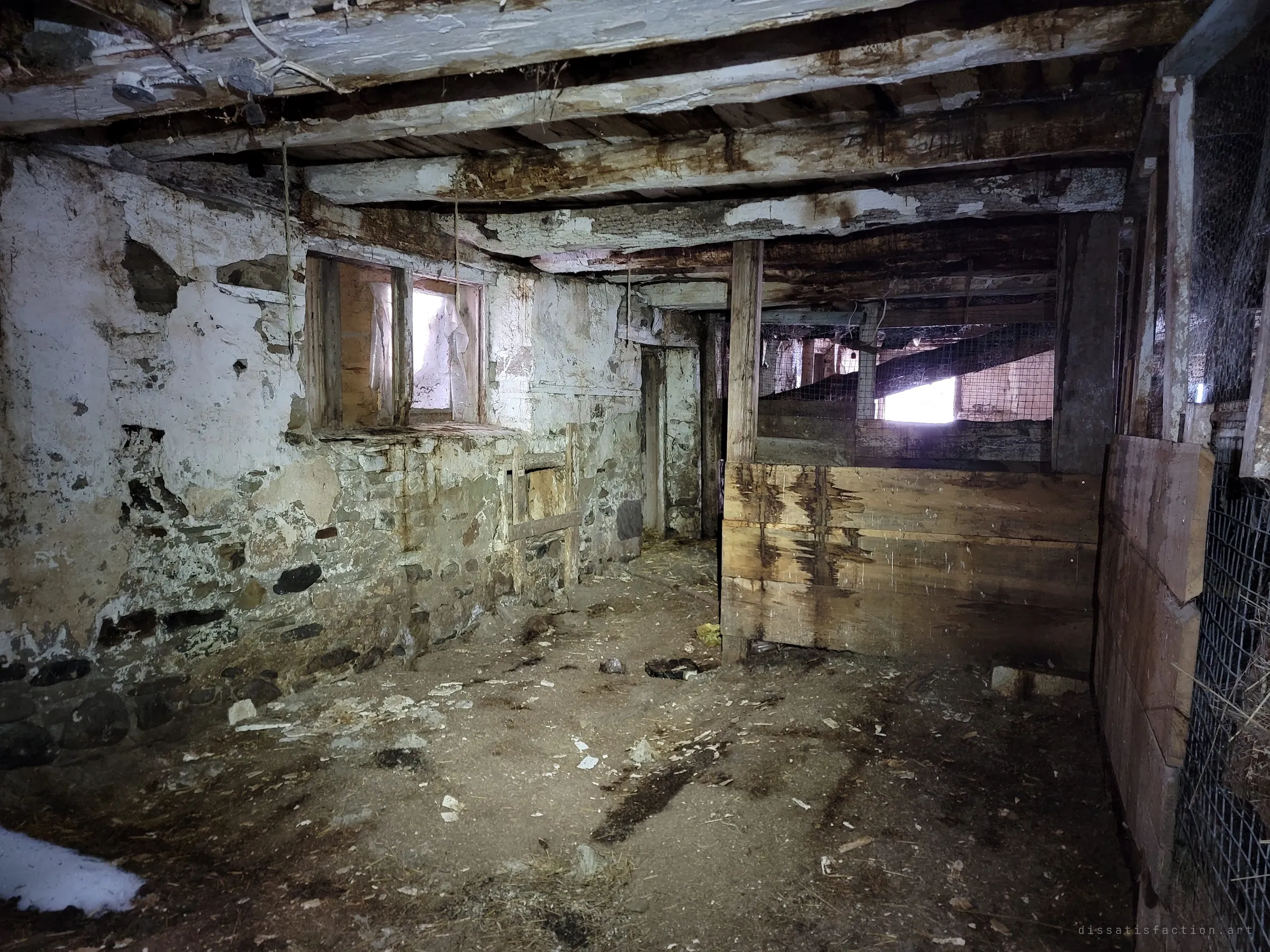 A dim stone-walled room under the barn, lit by flashlight, with rope hanging from rotting joists and a wire-mesh pen to the right. Snow has drifted in across the dirt floor.